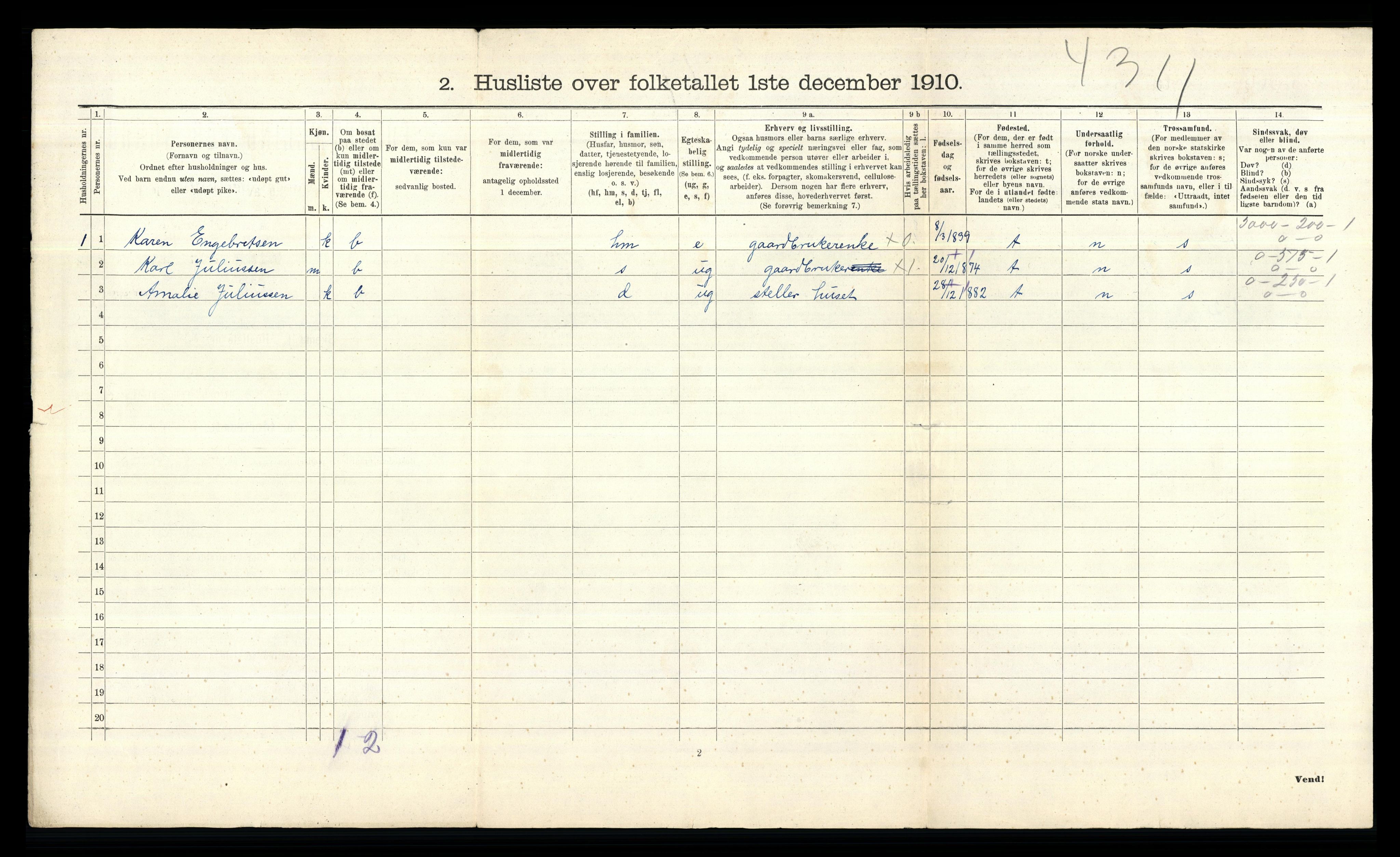 RA, 1910 census for Vestby, 1910, p. 538