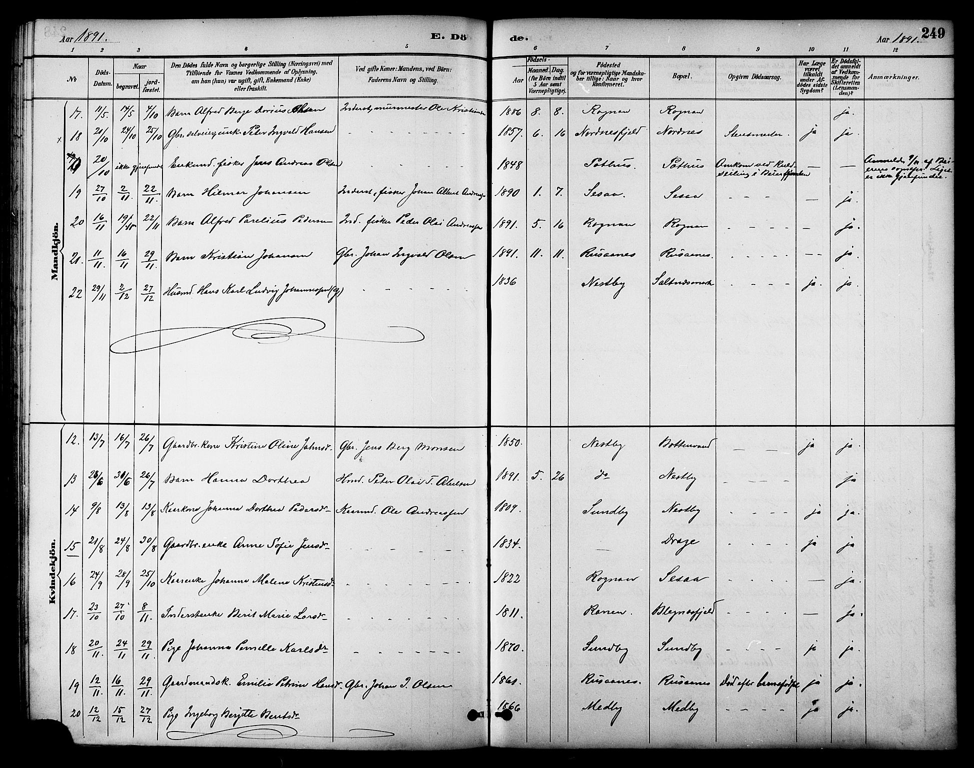 Ministerialprotokoller, klokkerbøker og fødselsregistre - Nordland, AV/SAT-A-1459/847/L0669: Parish register (official) no. 847A09, 1887-1901, p. 249