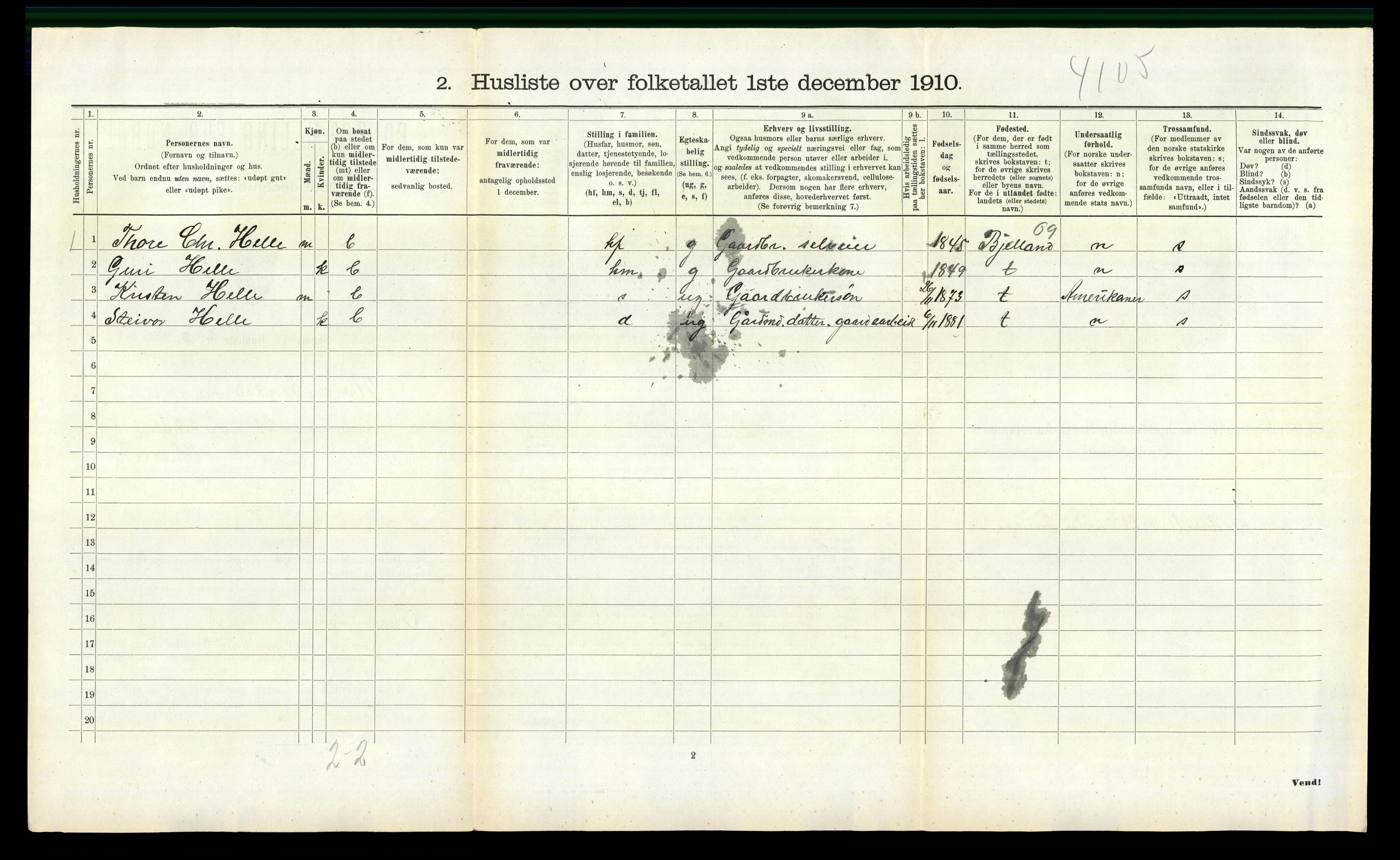 RA, 1910 census for Nord-Audnedal, 1910, p. 409