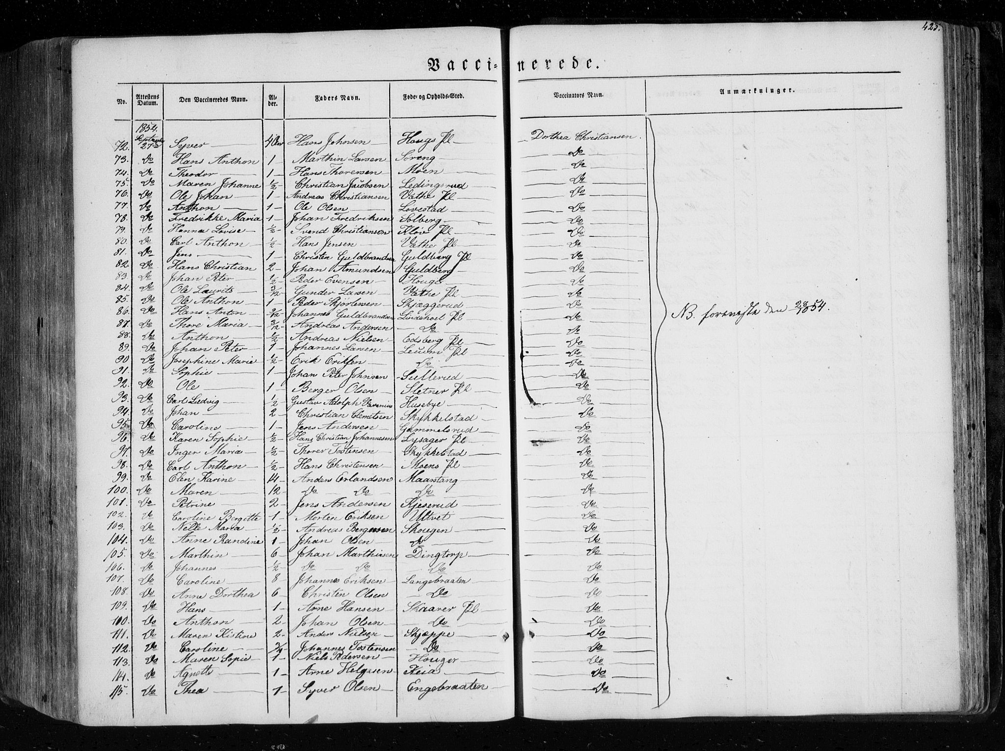 Eidsberg prestekontor Kirkebøker, SAO/A-10905/F/Fa/L0009: Parish register (official) no. I 9, 1849-1856, p. 423