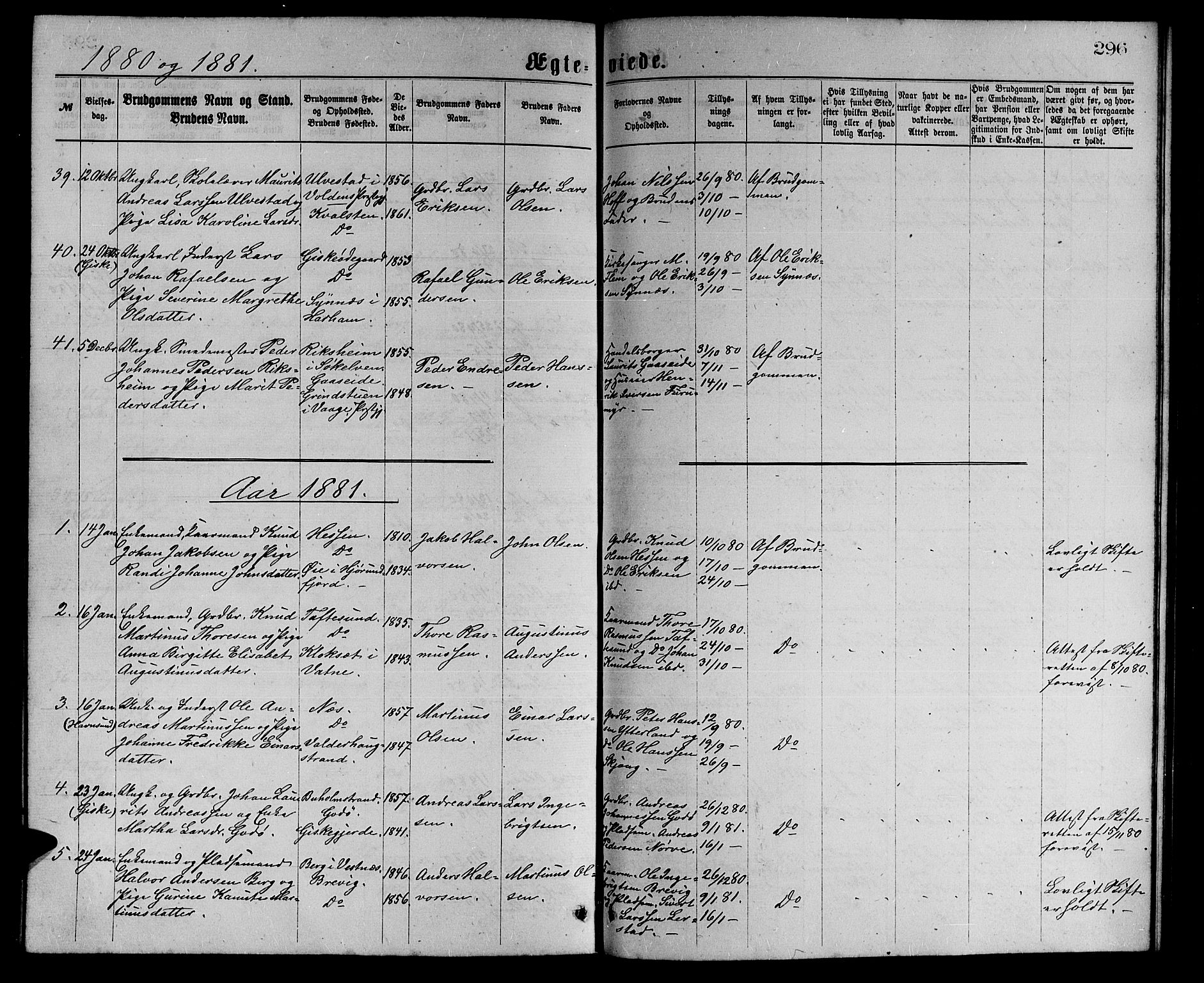 Ministerialprotokoller, klokkerbøker og fødselsregistre - Møre og Romsdal, AV/SAT-A-1454/528/L0429: Parish register (copy) no. 528C10, 1872-1886, p. 296