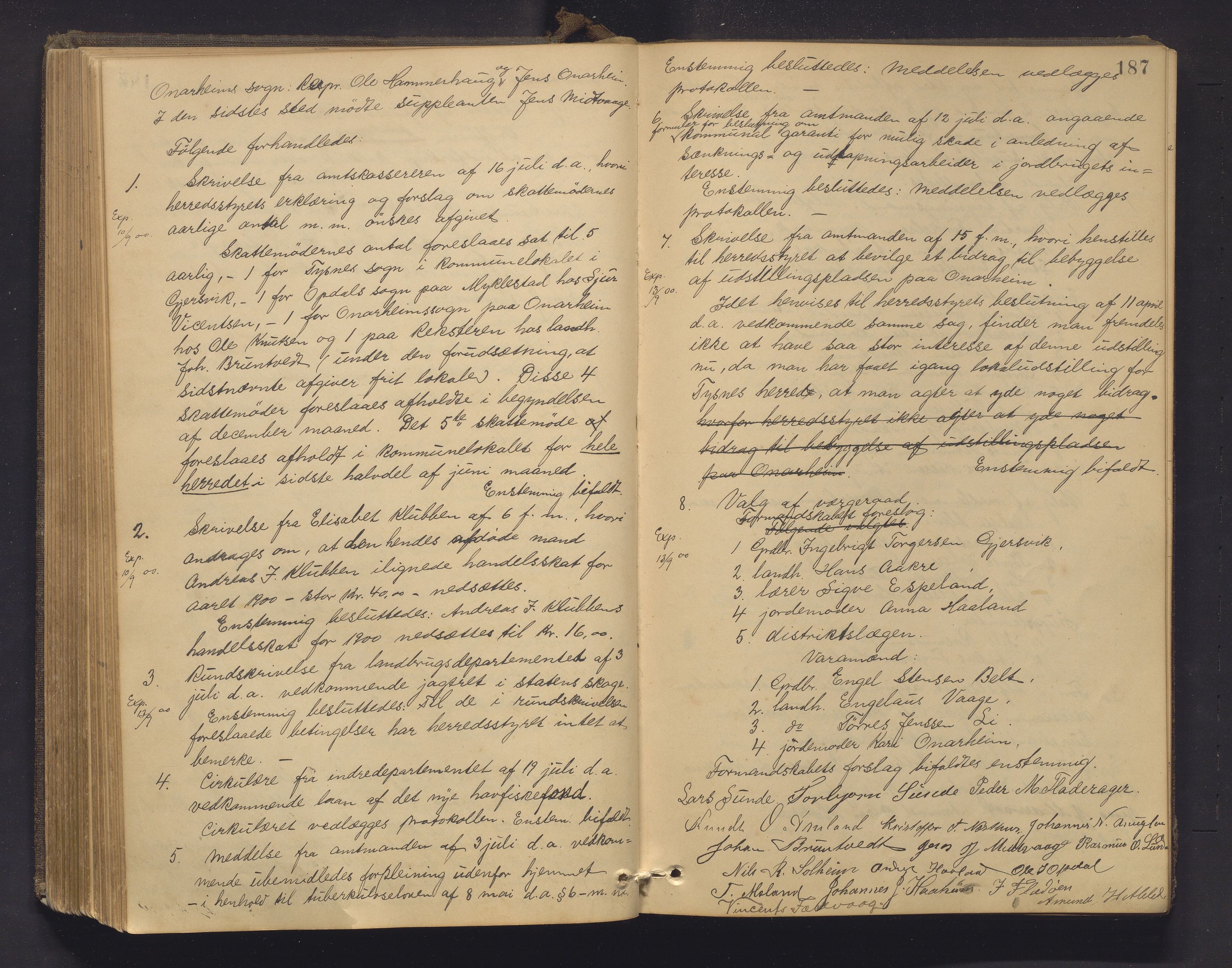 Tysnes kommune. Formannskapet, IKAH/1223-021/A/Aa/L0003: Møtebok for formannskap og heradstyre , 1889-1903, p. 187