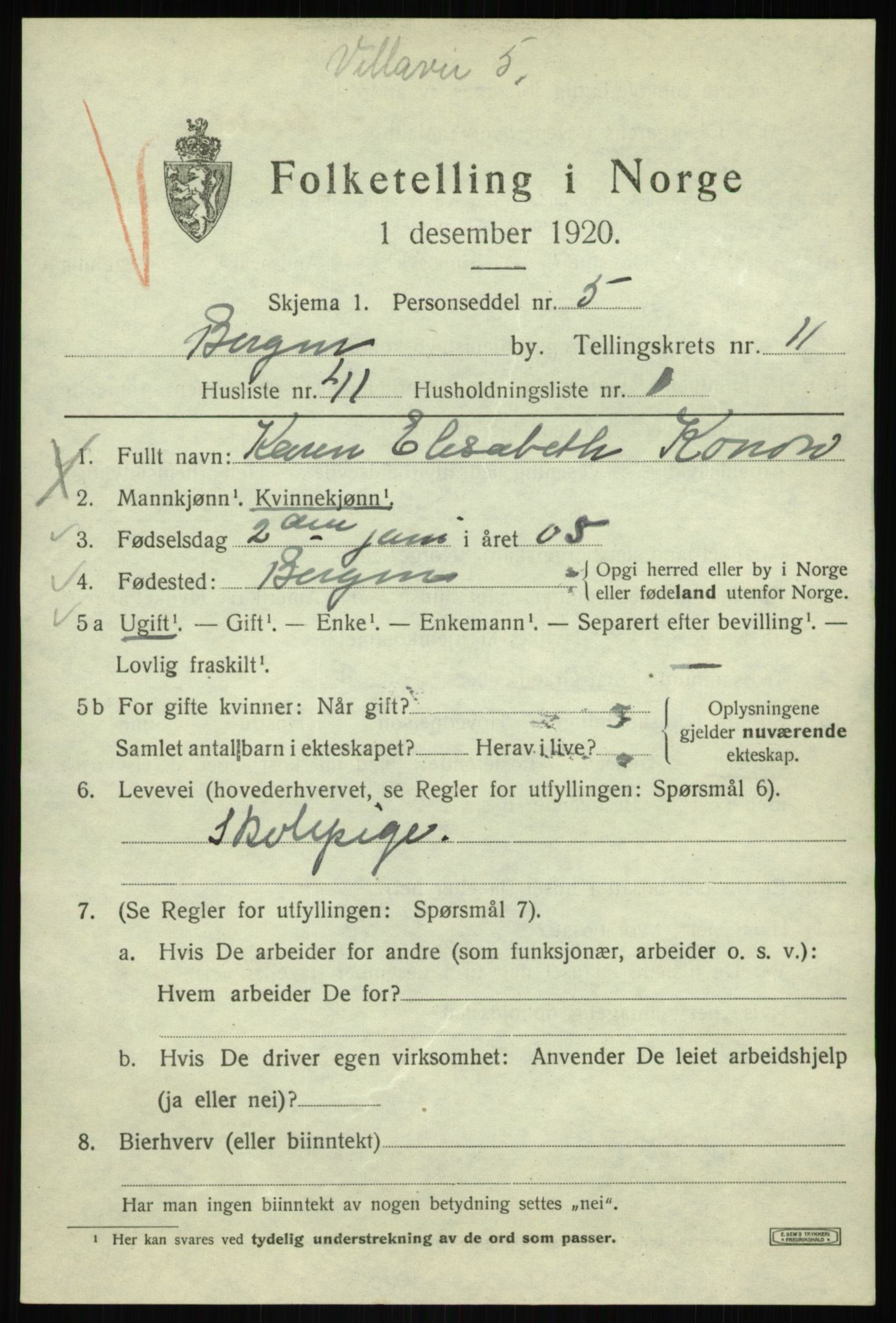 SAB, 1920 census for Bergen, 1920, p. 73494