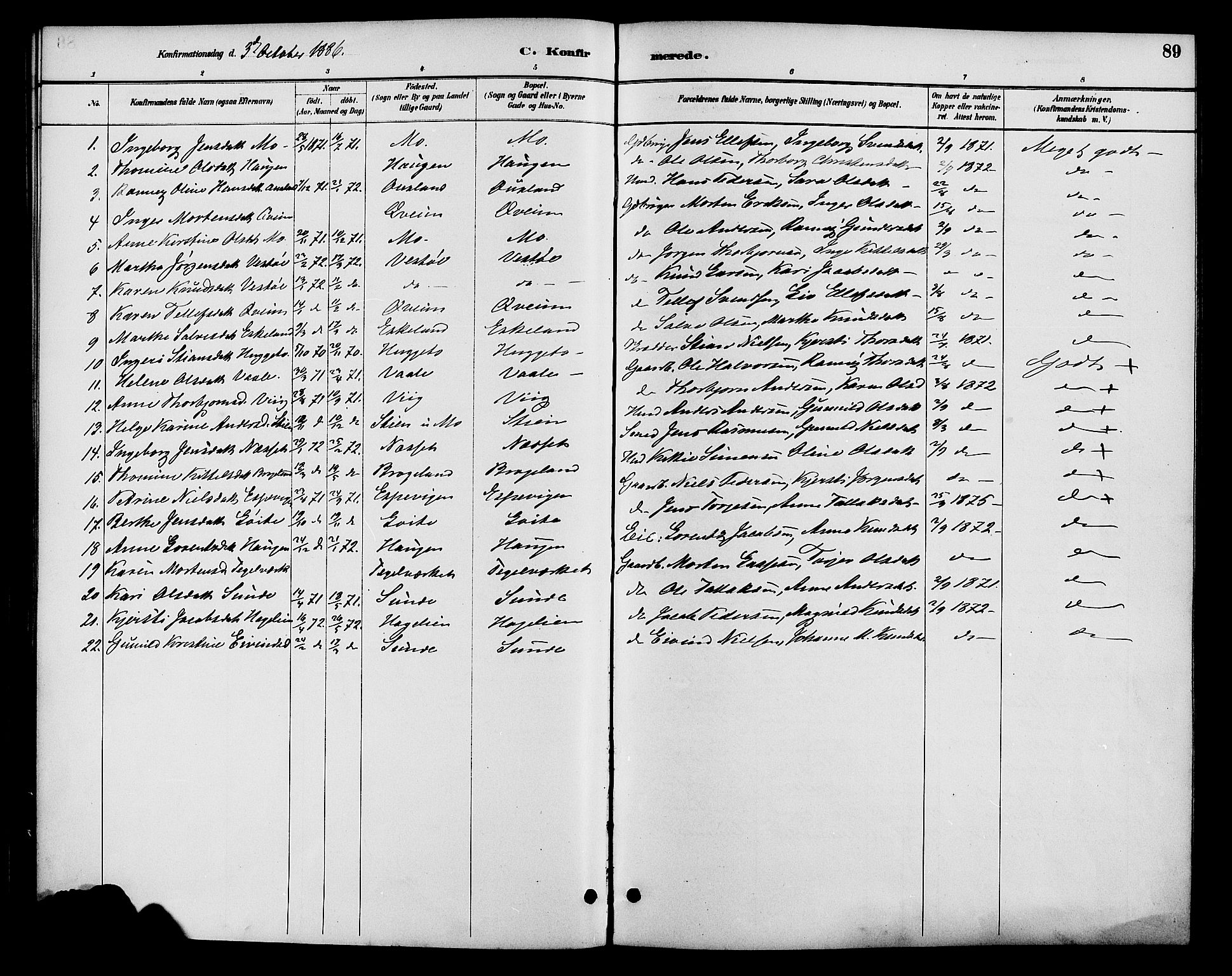 Gjerstad sokneprestkontor, SAK/1111-0014/F/Fa/Faa/L0009: Parish register (official) no. A 9, 1885-1890, p. 89