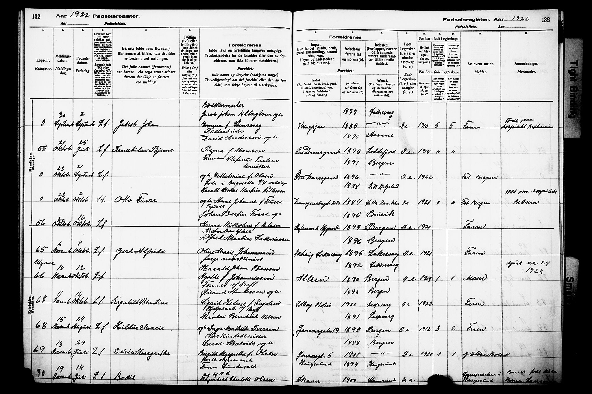 Laksevåg Sokneprestembete, AV/SAB-A-76501/I/Id/L00A1: Birth register no. A 1, 1916-1926, p. 132