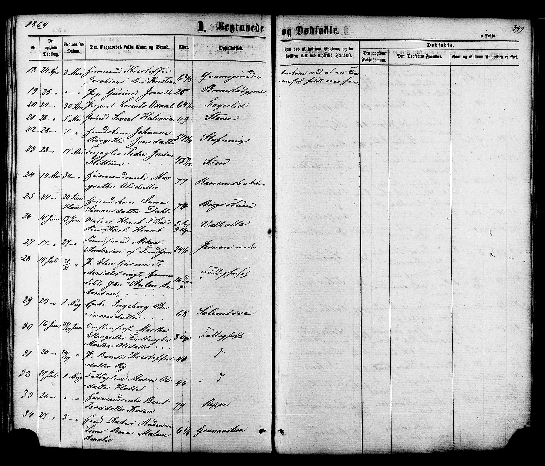 Ministerialprotokoller, klokkerbøker og fødselsregistre - Sør-Trøndelag, AV/SAT-A-1456/606/L0293: Parish register (official) no. 606A08, 1866-1877, p. 399