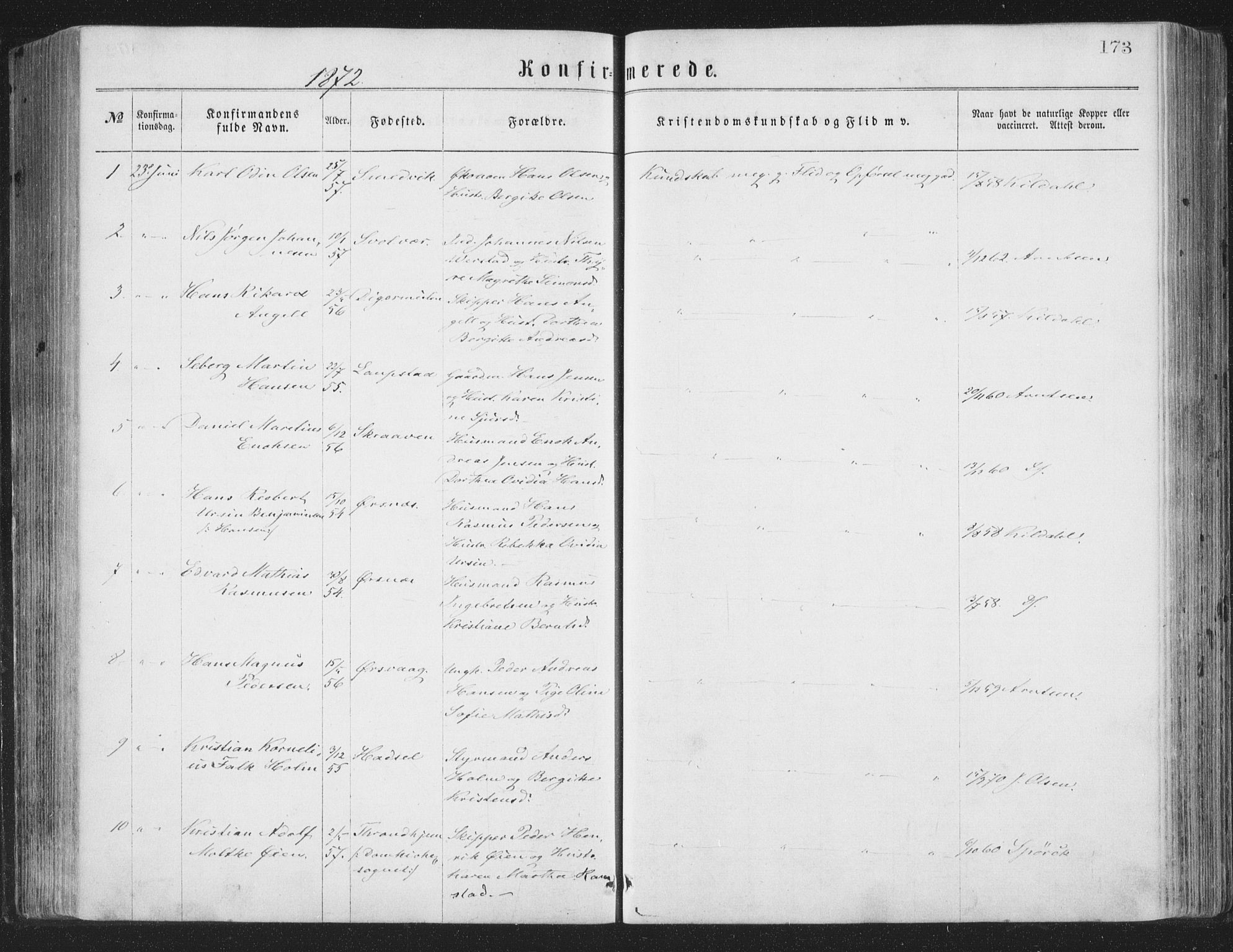 Ministerialprotokoller, klokkerbøker og fødselsregistre - Nordland, AV/SAT-A-1459/874/L1057: Parish register (official) no. 874A01, 1866-1877, p. 173