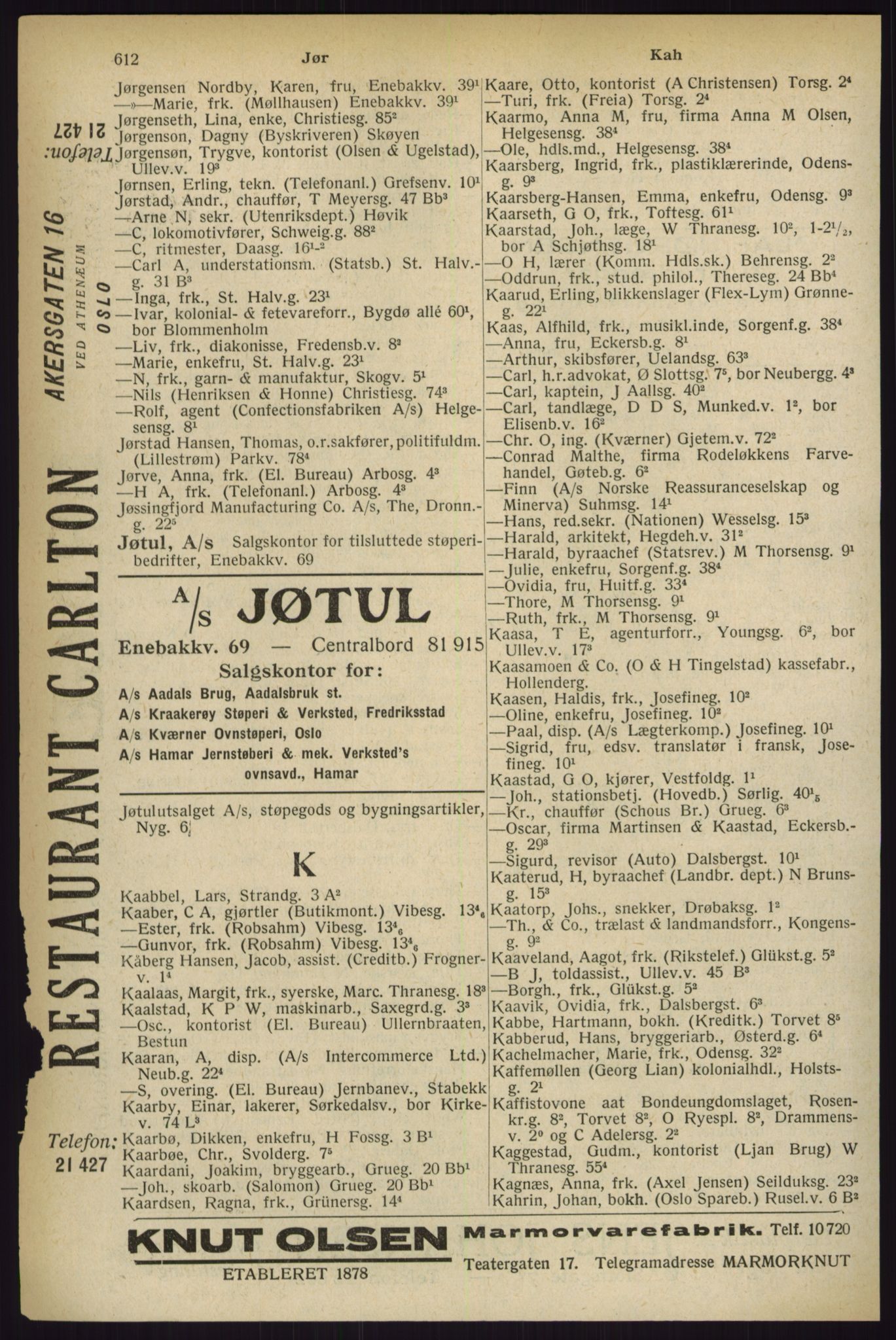 Kristiania/Oslo adressebok, PUBL/-, 1927, p. 612