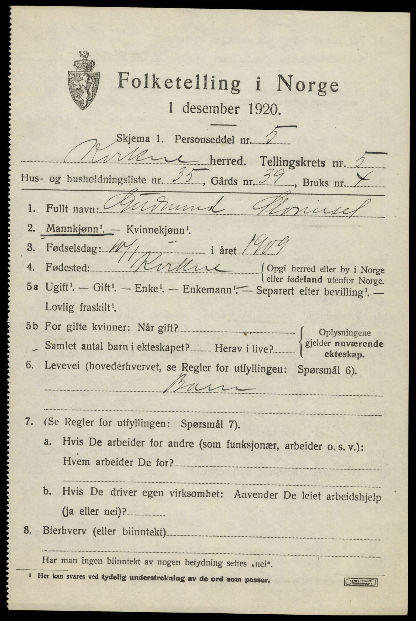 SAH, 1920 census for Kvikne, 1920, p. 2444