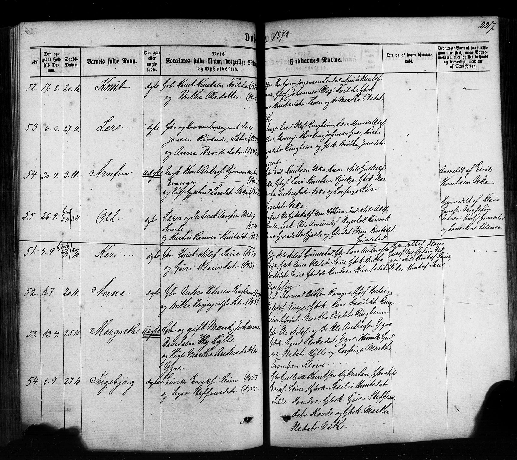 Voss sokneprestembete, SAB/A-79001/H/Haa: Parish register (official) no. A 17, 1863-1886, p. 227