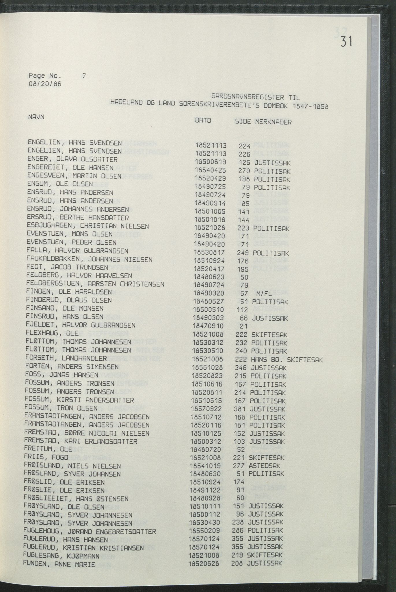 Statsarkivet i Hamar, AV/SAH-SAH-001/H/Hb/L0001/0004: Egne registre og hjelpemidler / Register  til Hadeland og Land sorenskriveri dombok 1 (1847 - 1858), 1847-1858, p. 31