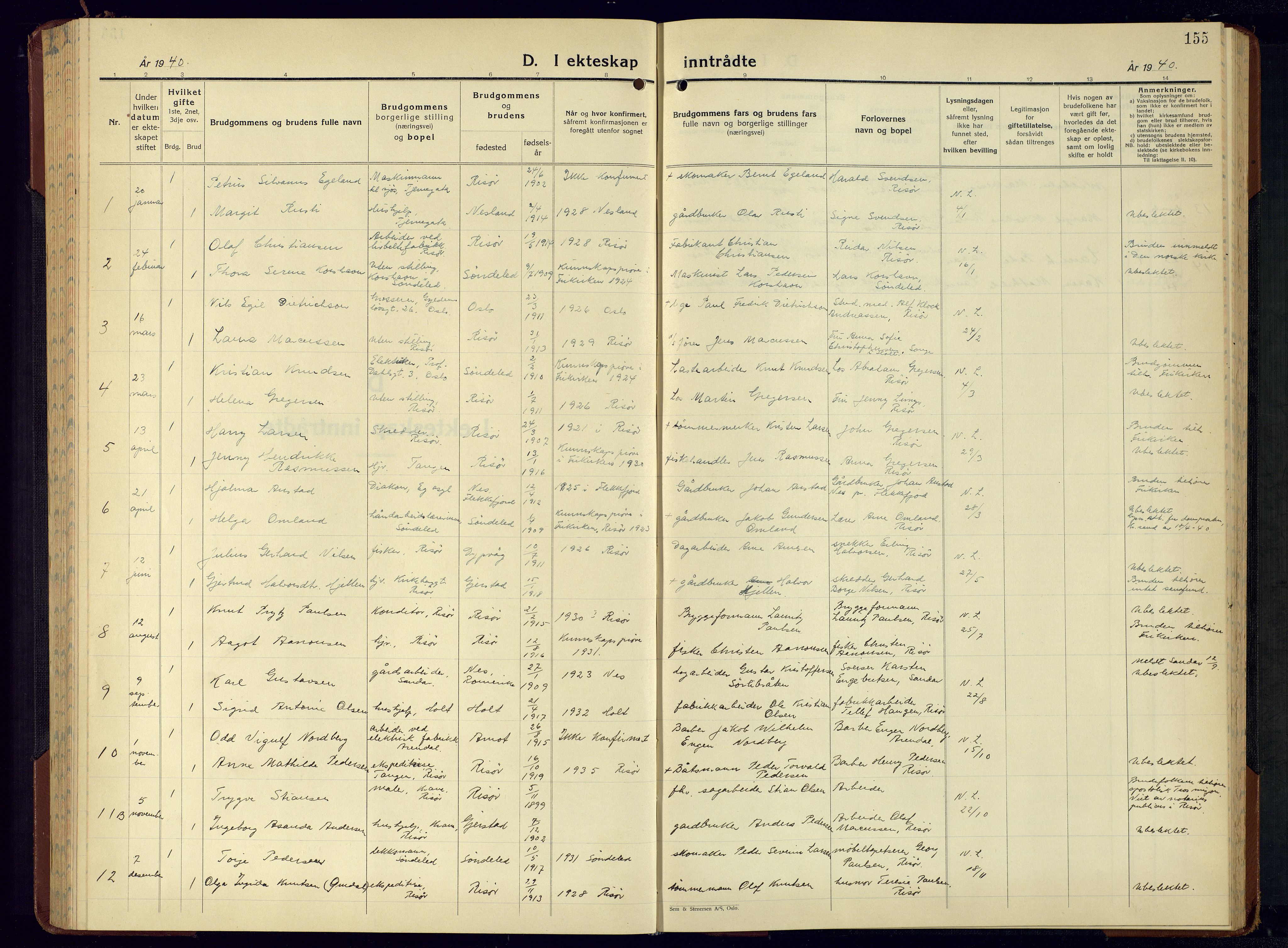 Risør sokneprestkontor, AV/SAK-1111-0035/F/Fb/L0010: Parish register (copy) no. B 10, 1940-1956, p. 155