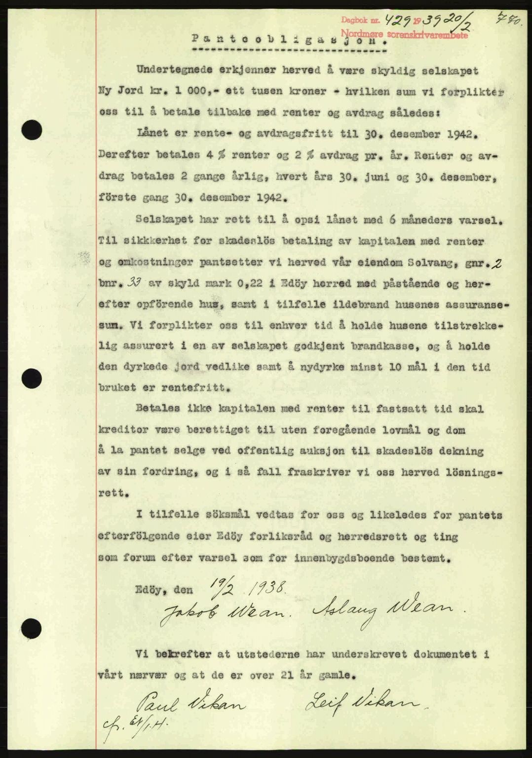 Nordmøre sorenskriveri, AV/SAT-A-4132/1/2/2Ca: Mortgage book no. B84, 1938-1939, Diary no: : 429/1939