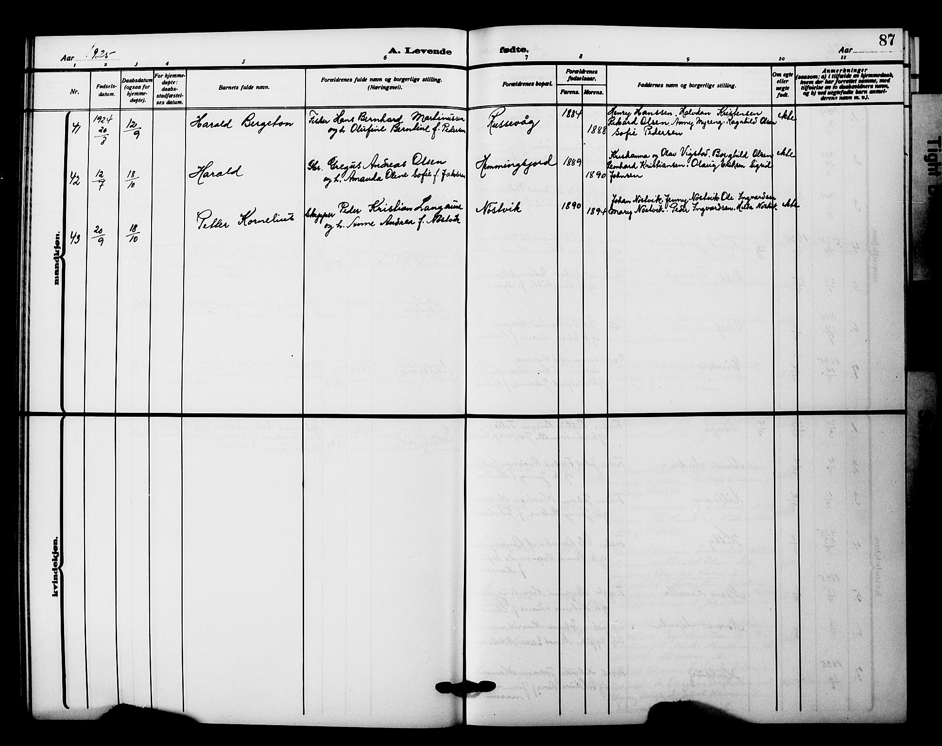 Tranøy sokneprestkontor, AV/SATØ-S-1313/I/Ia/Iab/L0023klokker: Parish register (copy) no. 23, 1913-1928, p. 87