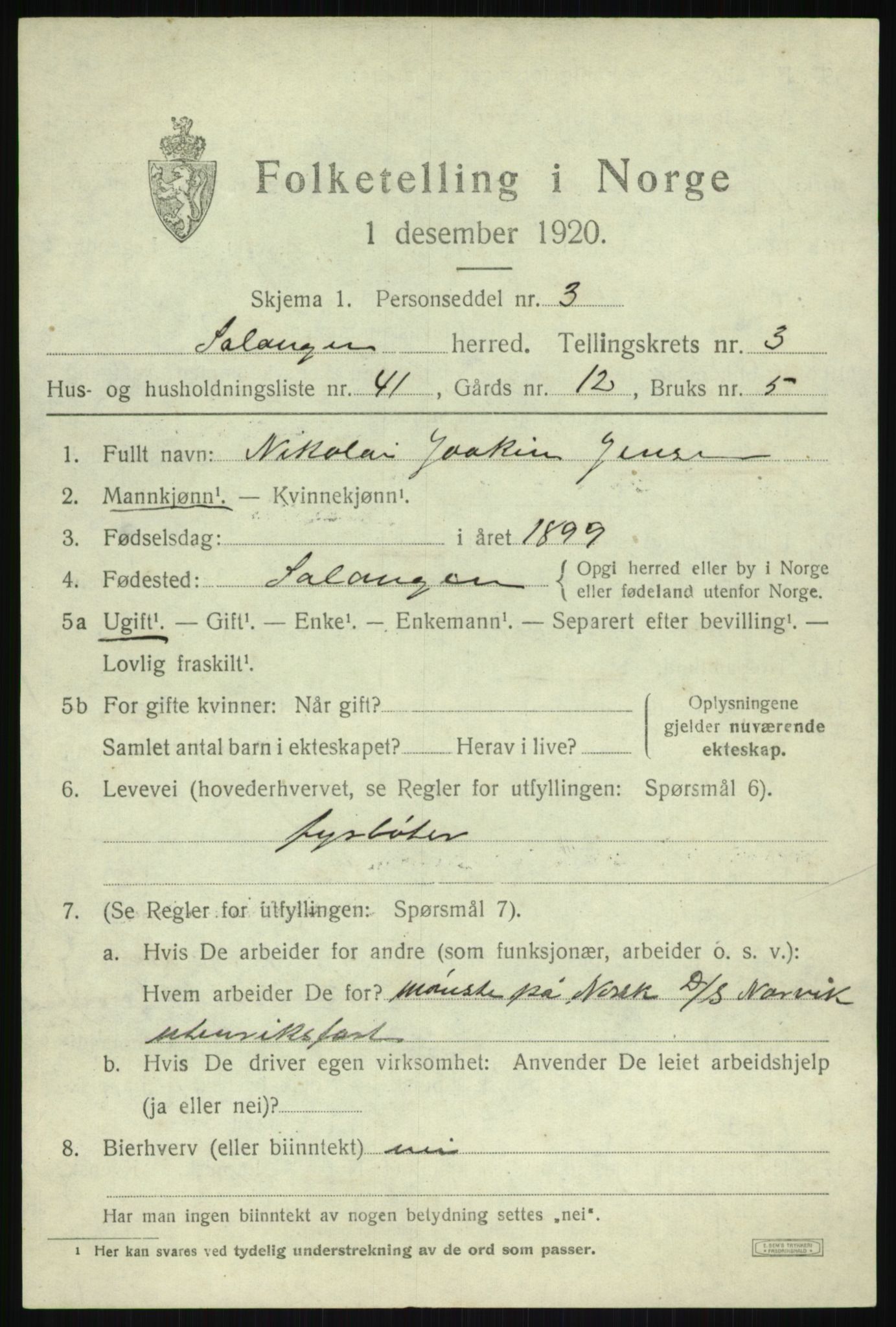SATØ, 1920 census for Salangen, 1920, p. 2038