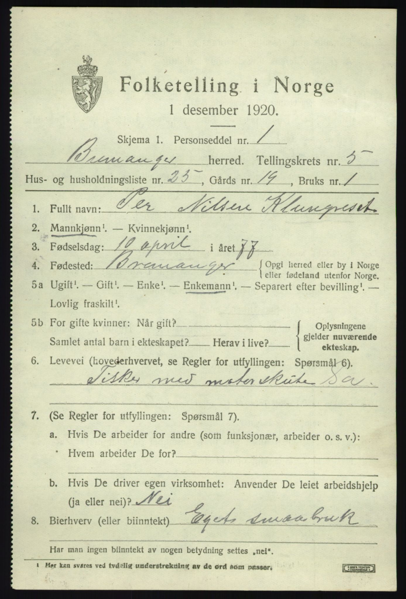 SAB, 1920 census for Bremanger, 1920, p. 3888