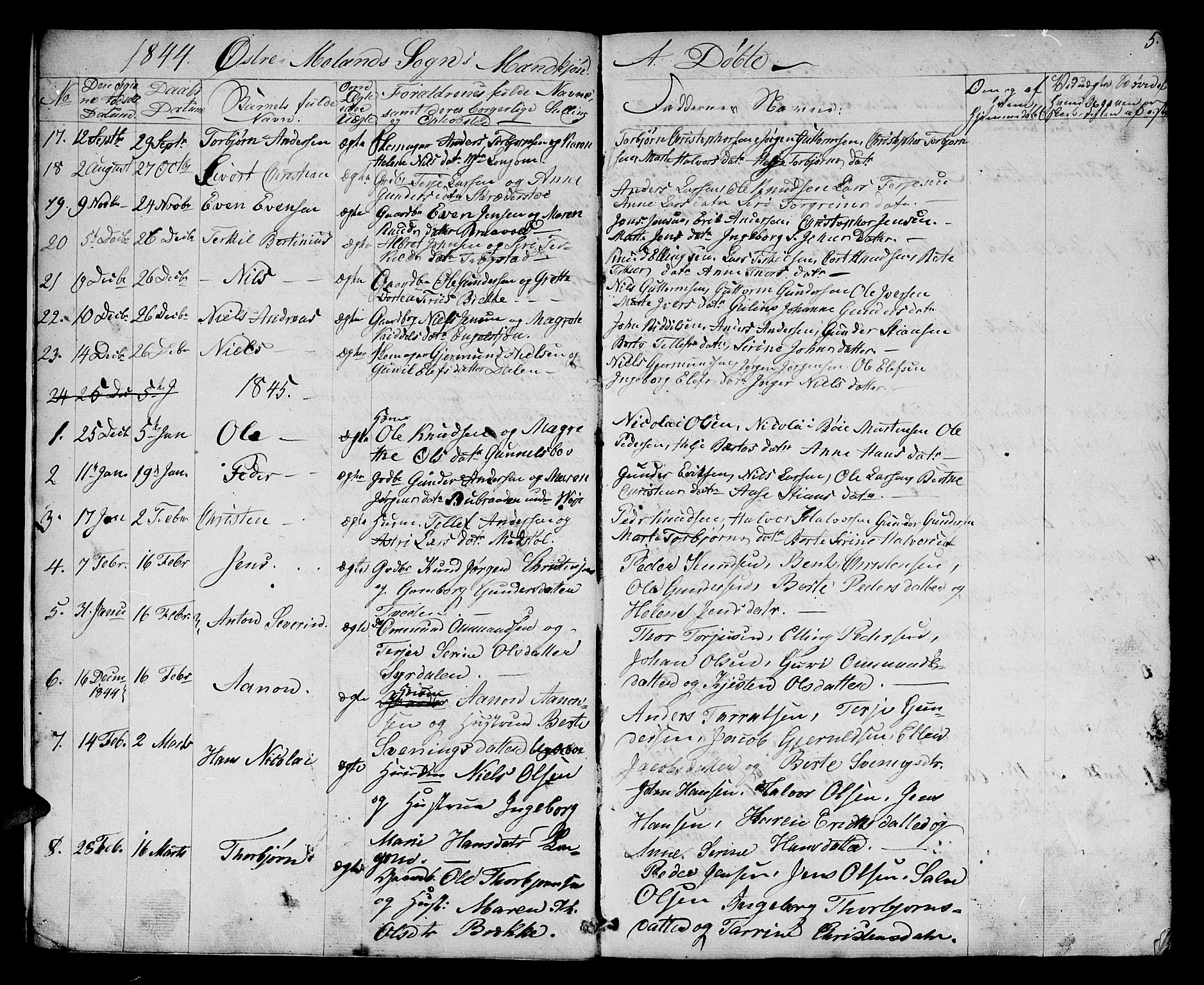 Austre Moland sokneprestkontor, AV/SAK-1111-0001/F/Fb/Fba/L0001: Parish register (copy) no. B 1, 1842-1868, p. 5