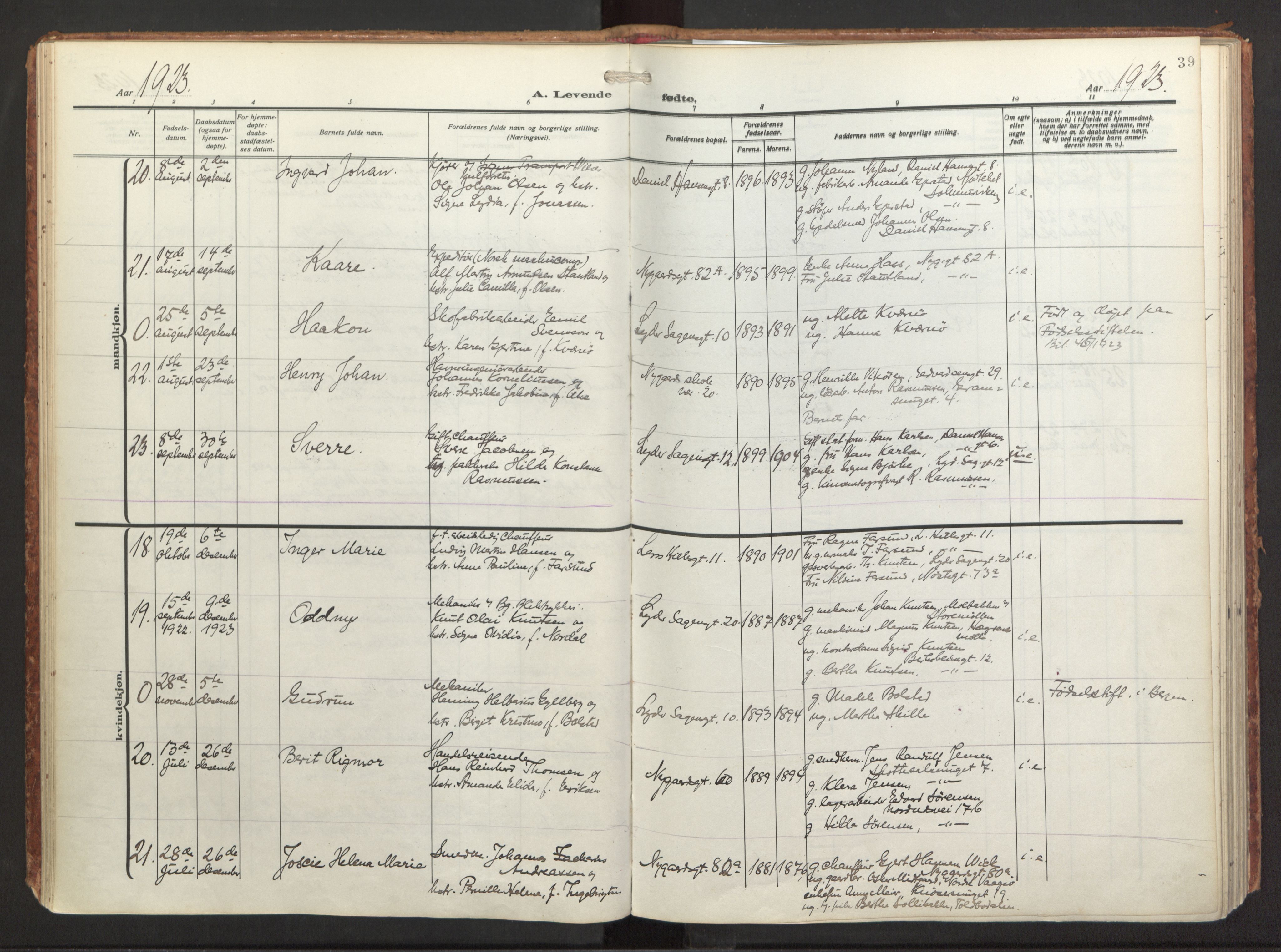 St. Jacob sokneprestembete, AV/SAB-A-78001/H/Haa/L0001: Parish register (official) no. A 1, 1917-1952, p. 39