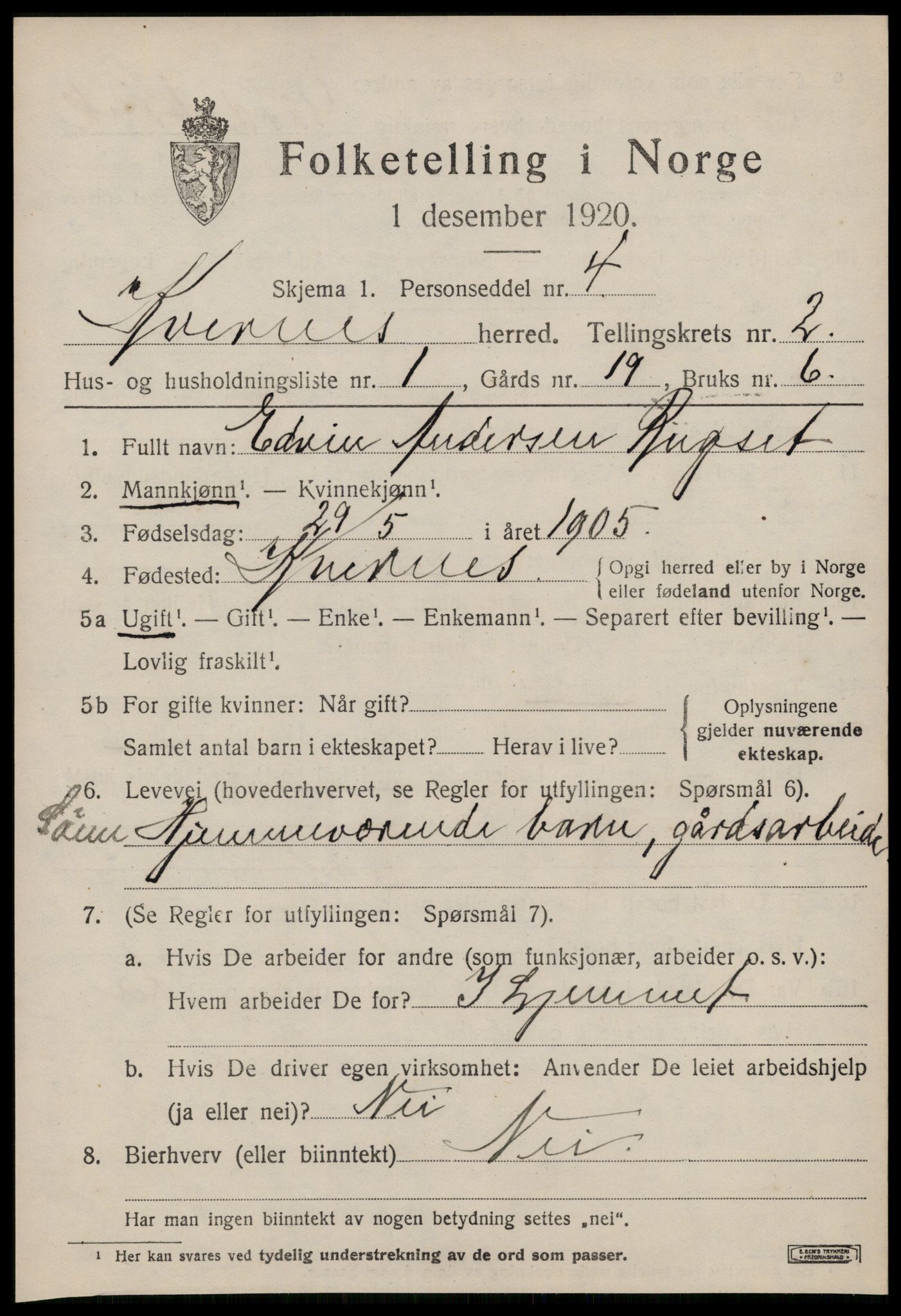 SAT, 1920 census for Kvernes, 1920, p. 949