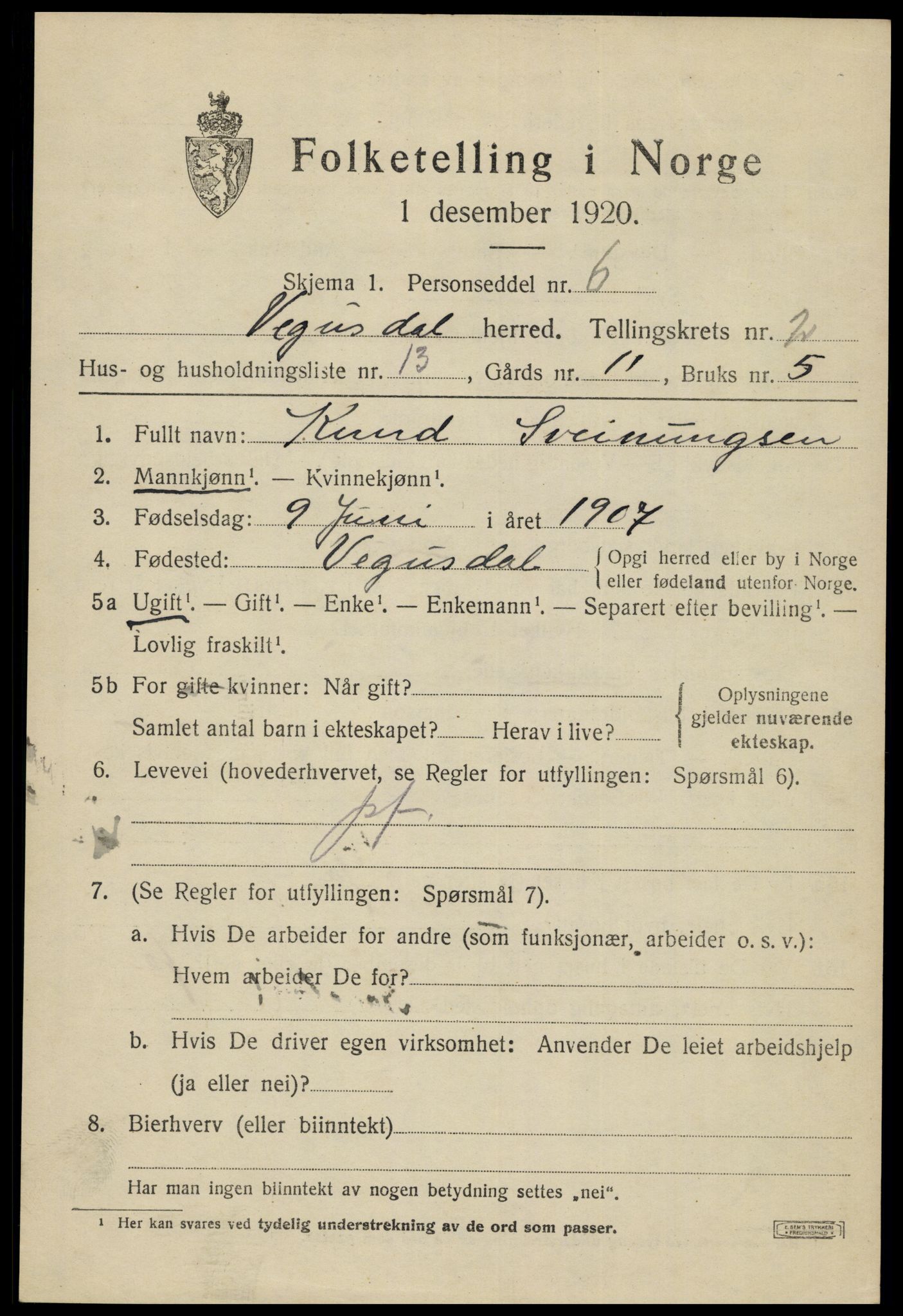 SAK, 1920 census for Vegusdal, 1920, p. 769