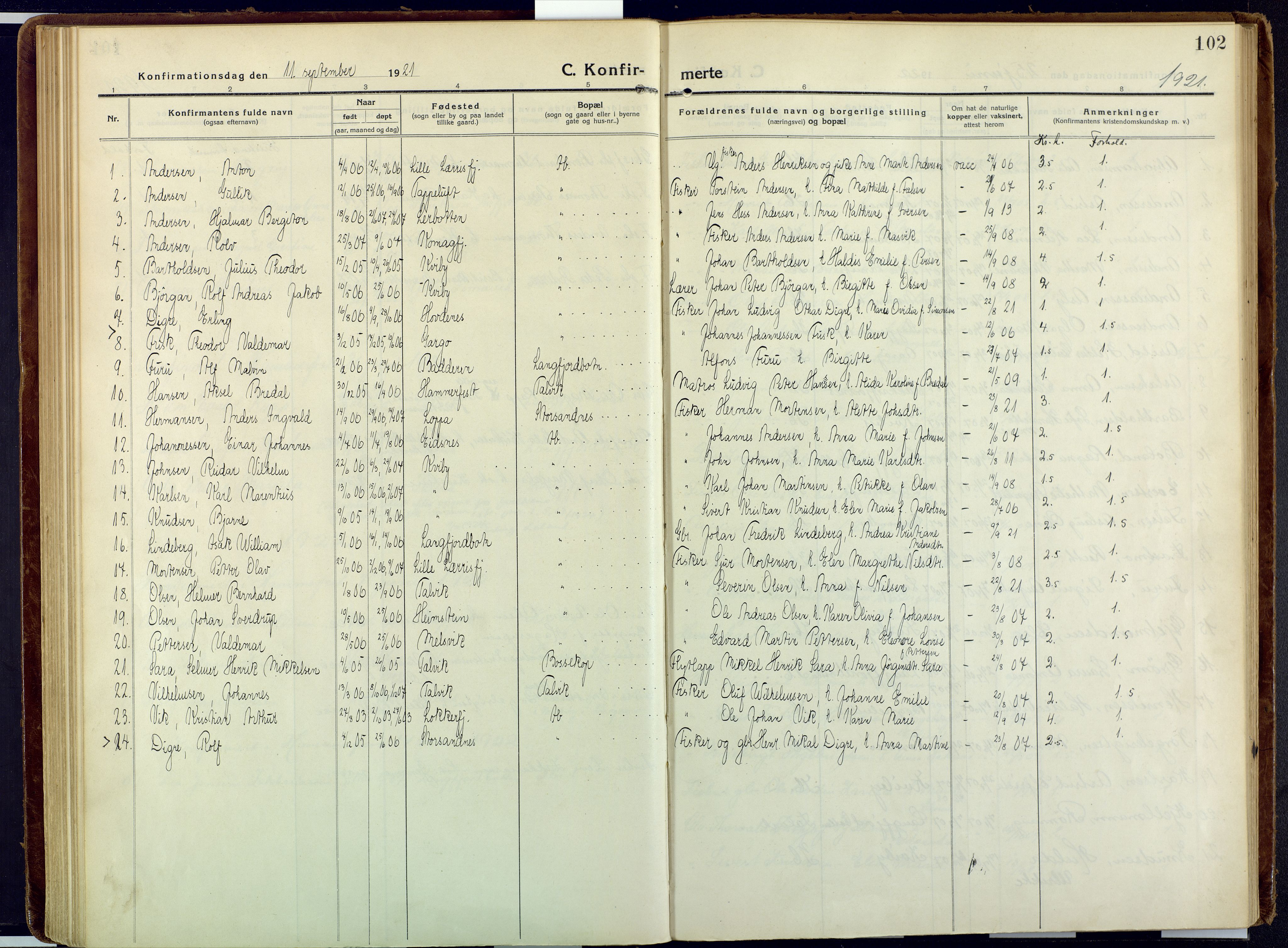 Talvik sokneprestkontor, AV/SATØ-S-1337/H/Ha/L0018kirke: Parish register (official) no. 18, 1915-1924, p. 102