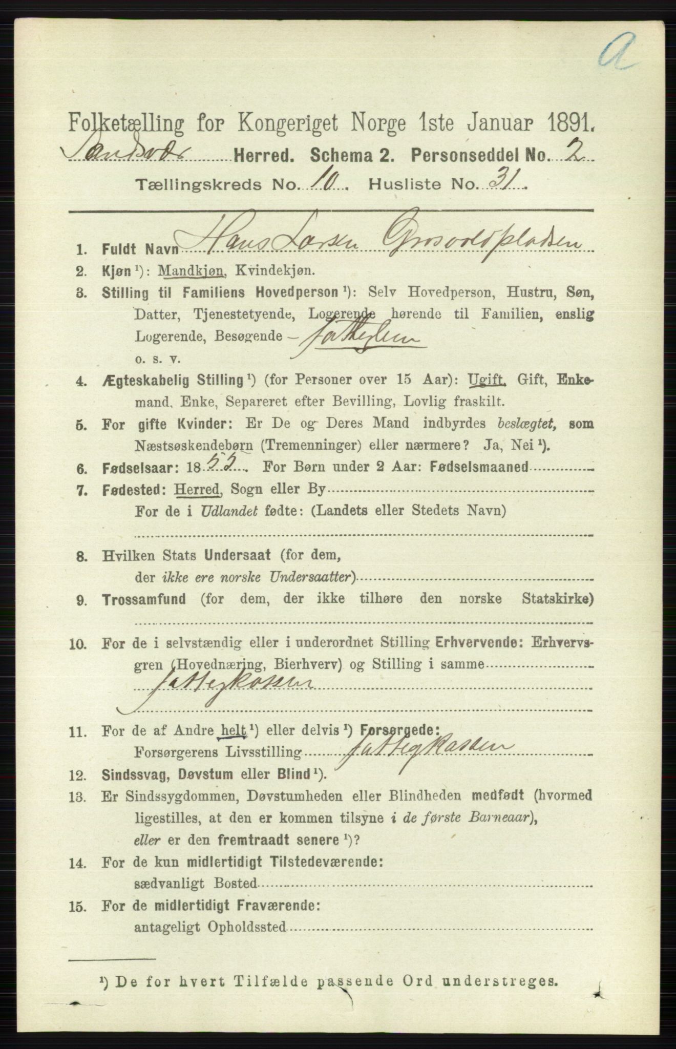 RA, 1891 census for 0629 Sandsvær, 1891, p. 5096