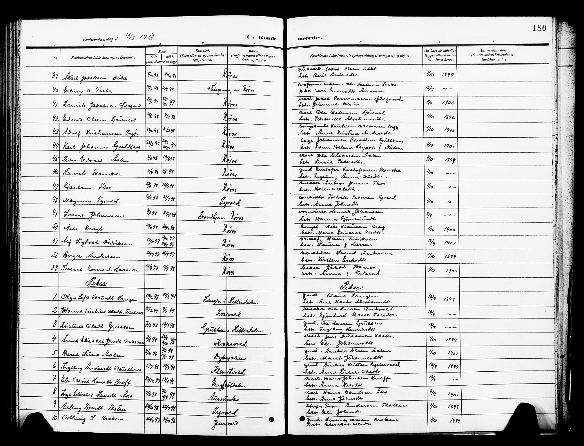 Ministerialprotokoller, klokkerbøker og fødselsregistre - Sør-Trøndelag, SAT/A-1456/681/L0942: Parish register (copy) no. 681C06, 1906-1925, p. 180
