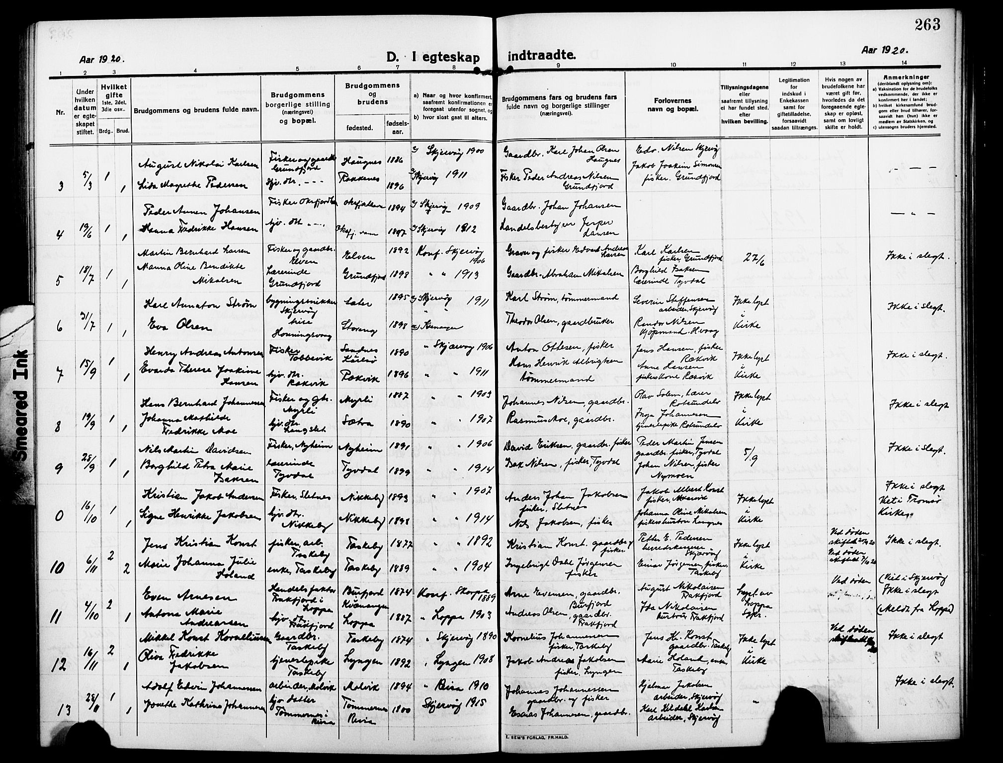 Skjervøy sokneprestkontor, AV/SATØ-S-1300/H/Ha/Hab/L0009klokker: Parish register (copy) no. 9, 1911-1926, p. 263