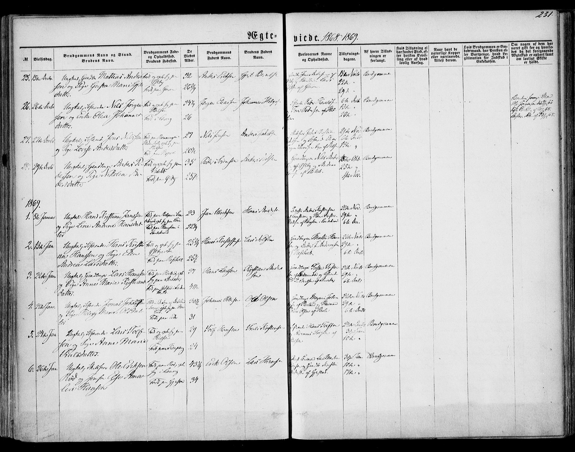 Tjølling kirkebøker, SAKO/A-60/F/Fa/L0007: Parish register (official) no. 7, 1860-1876, p. 231