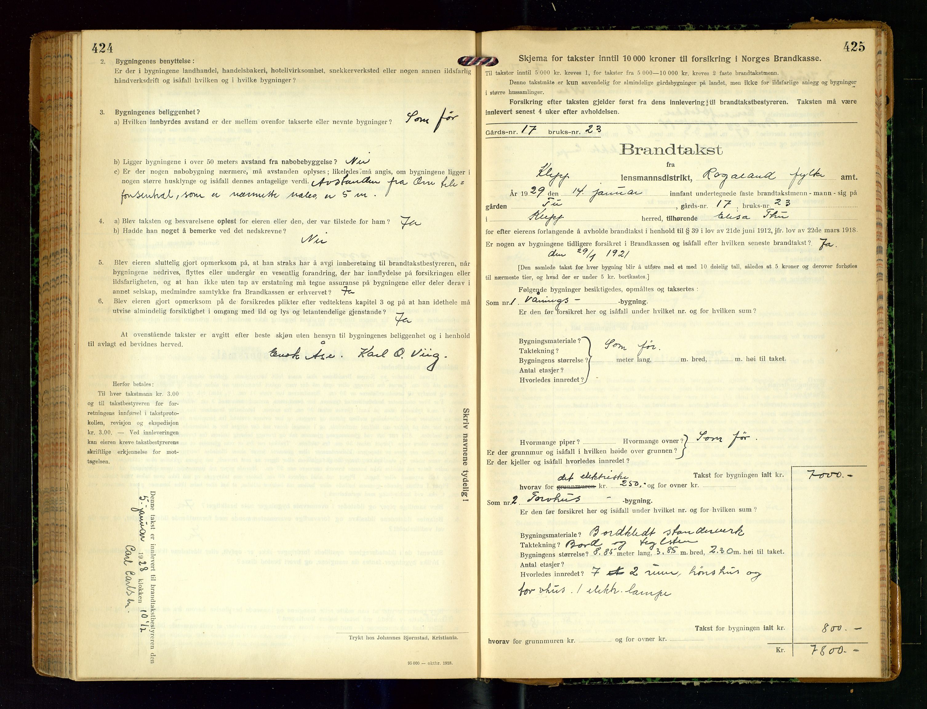 Klepp lensmannskontor, SAST/A-100163/Goc/L0011: "Brandtakstprotokoll" m/register, 1924-1929, p. 424-425