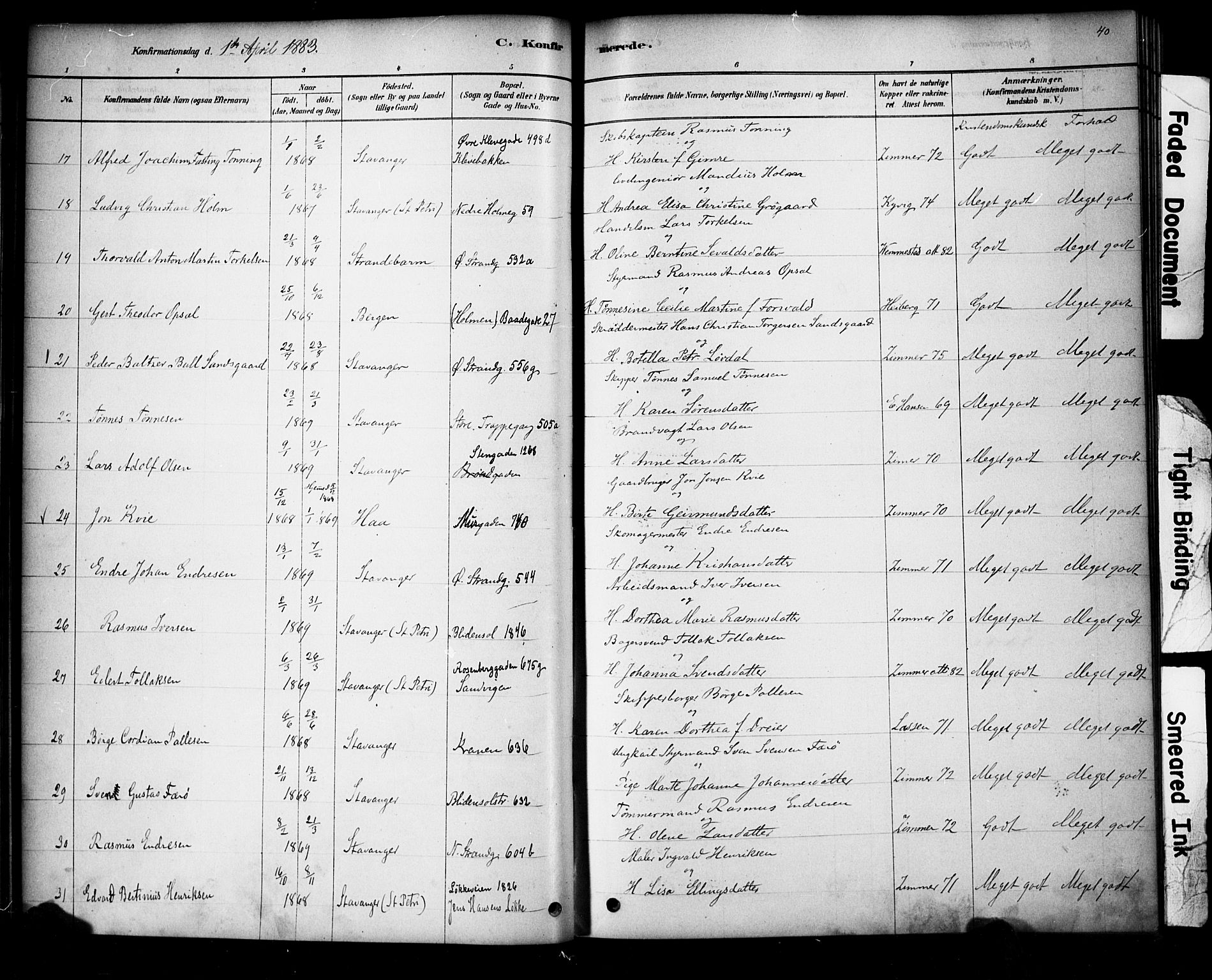 Domkirken sokneprestkontor, SAST/A-101812/001/30/30BA/L0028: Parish register (official) no. A 27, 1878-1896, p. 40