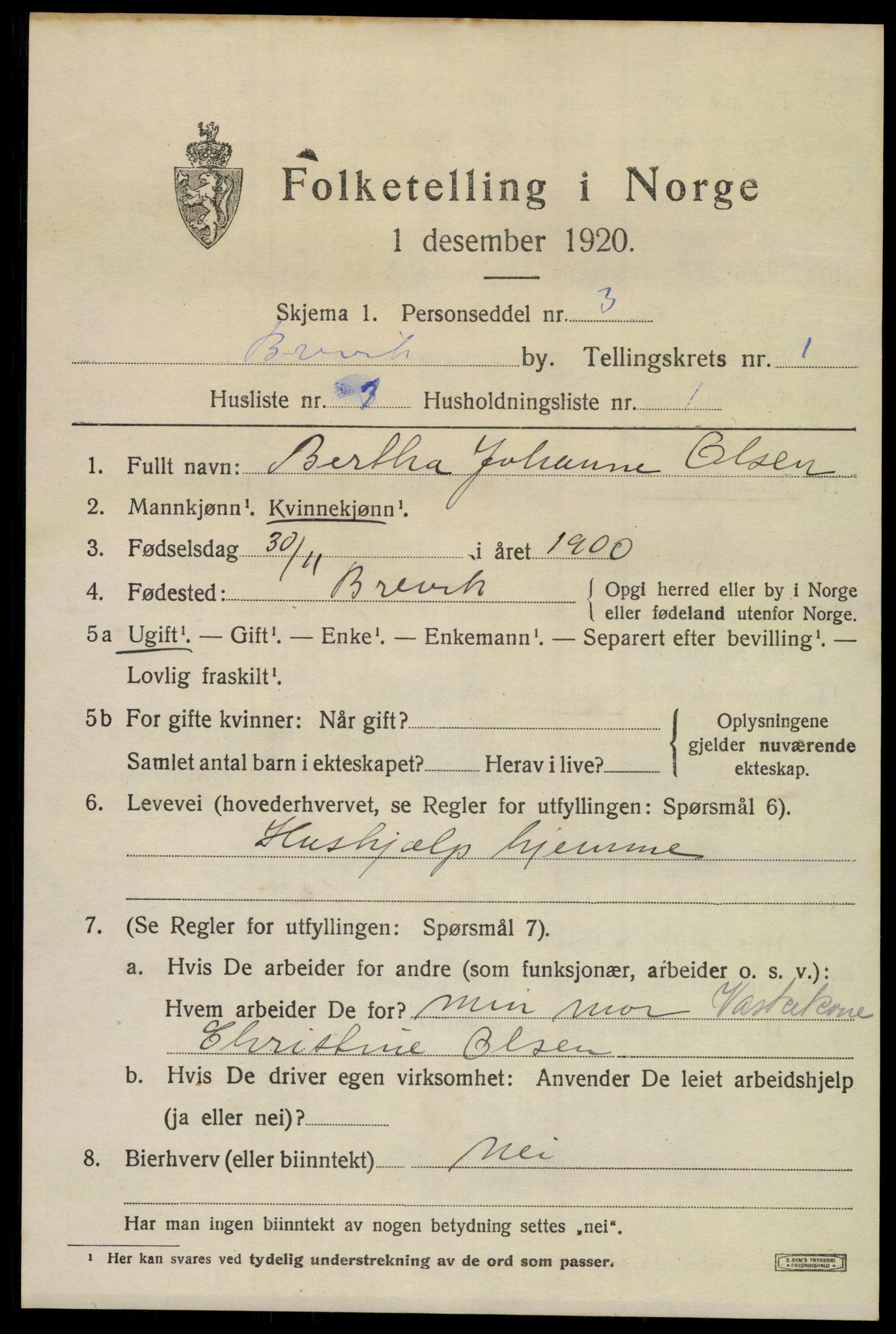 SAKO, 1920 census for Brevik, 1920, p. 3872