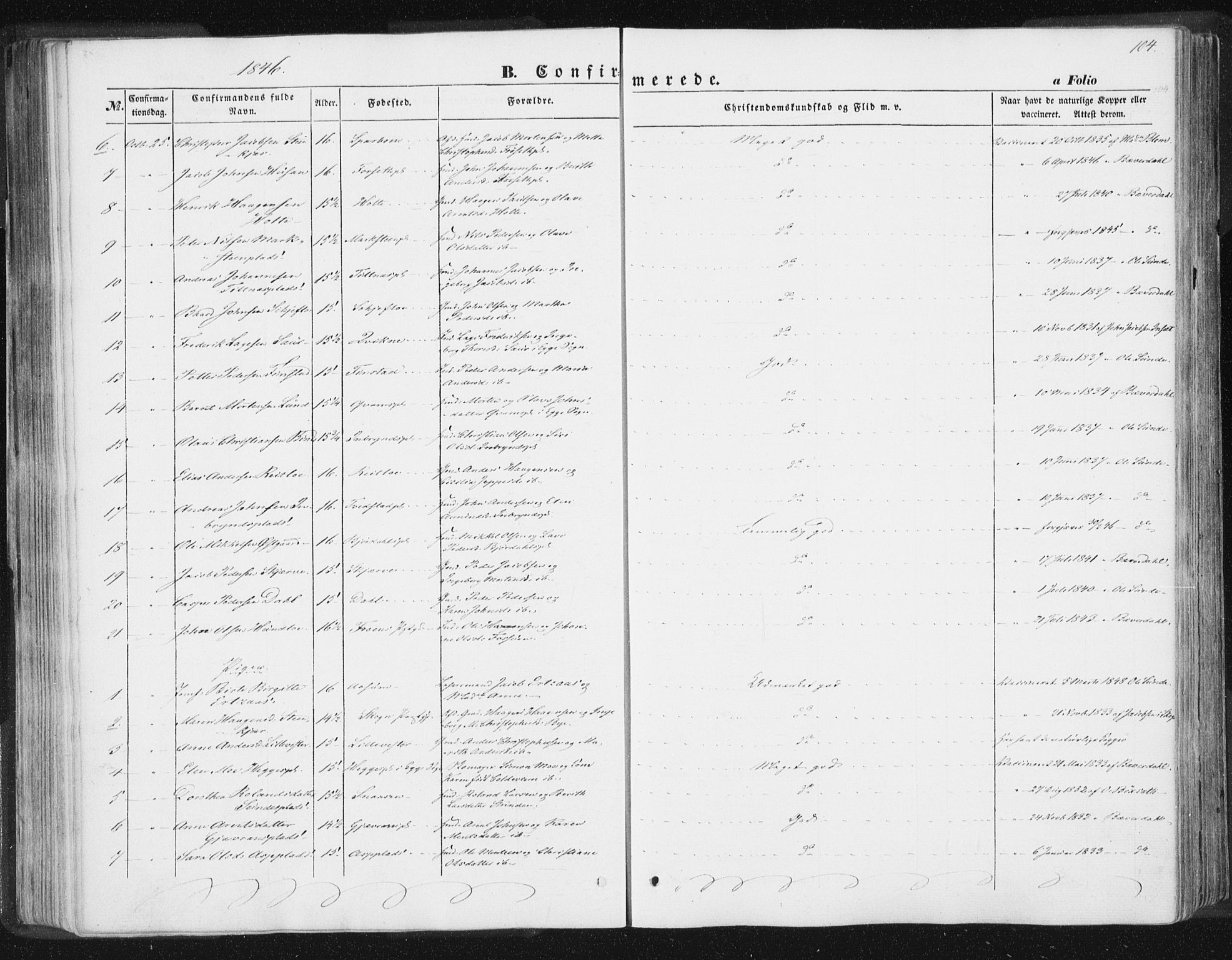 Ministerialprotokoller, klokkerbøker og fødselsregistre - Nord-Trøndelag, SAT/A-1458/746/L0446: Parish register (official) no. 746A05, 1846-1859, p. 104