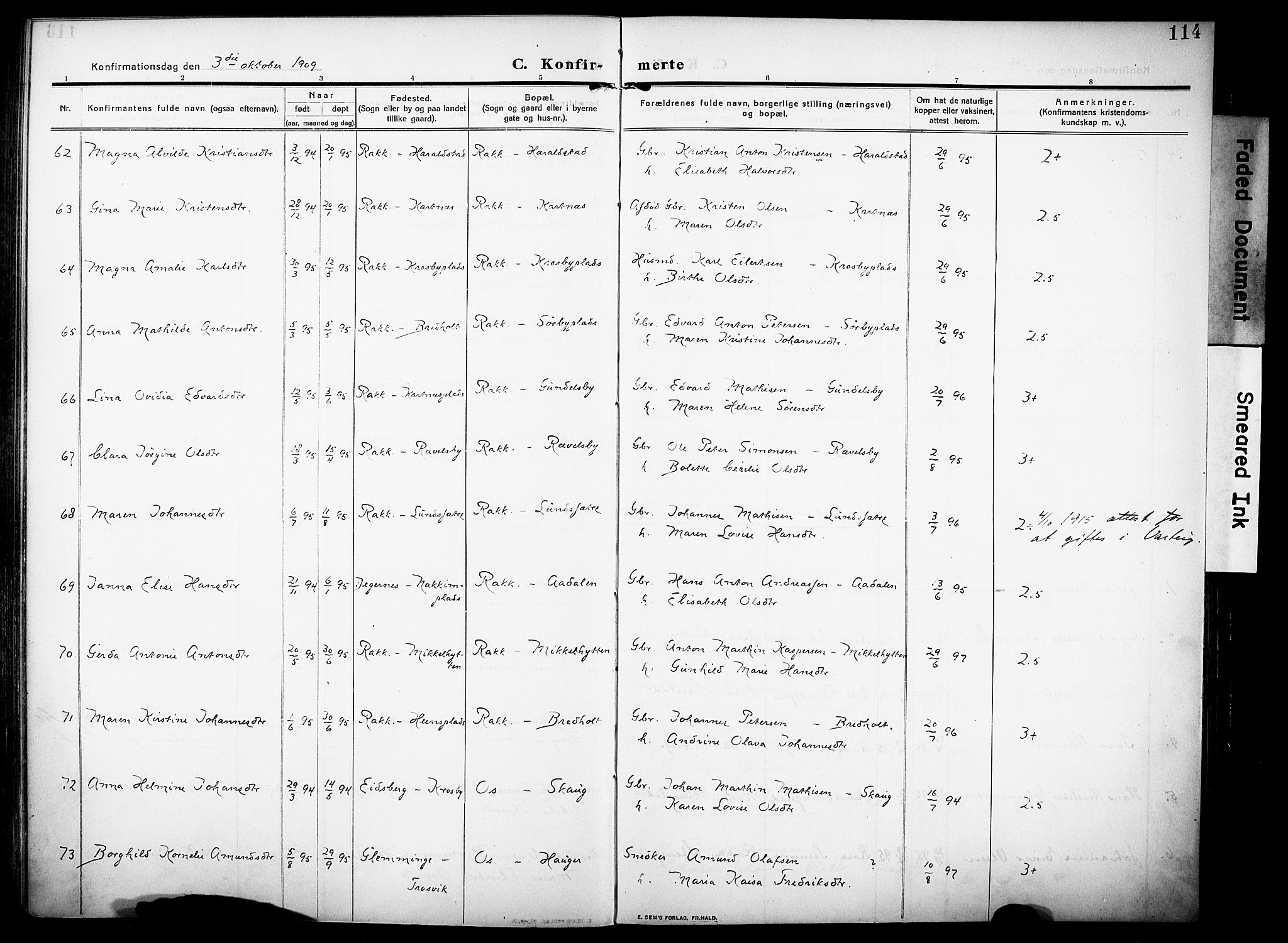 Rakkestad prestekontor Kirkebøker, AV/SAO-A-2008/F/Fa/L0015: Parish register (official) no. I 15, 1909-1922, p. 114