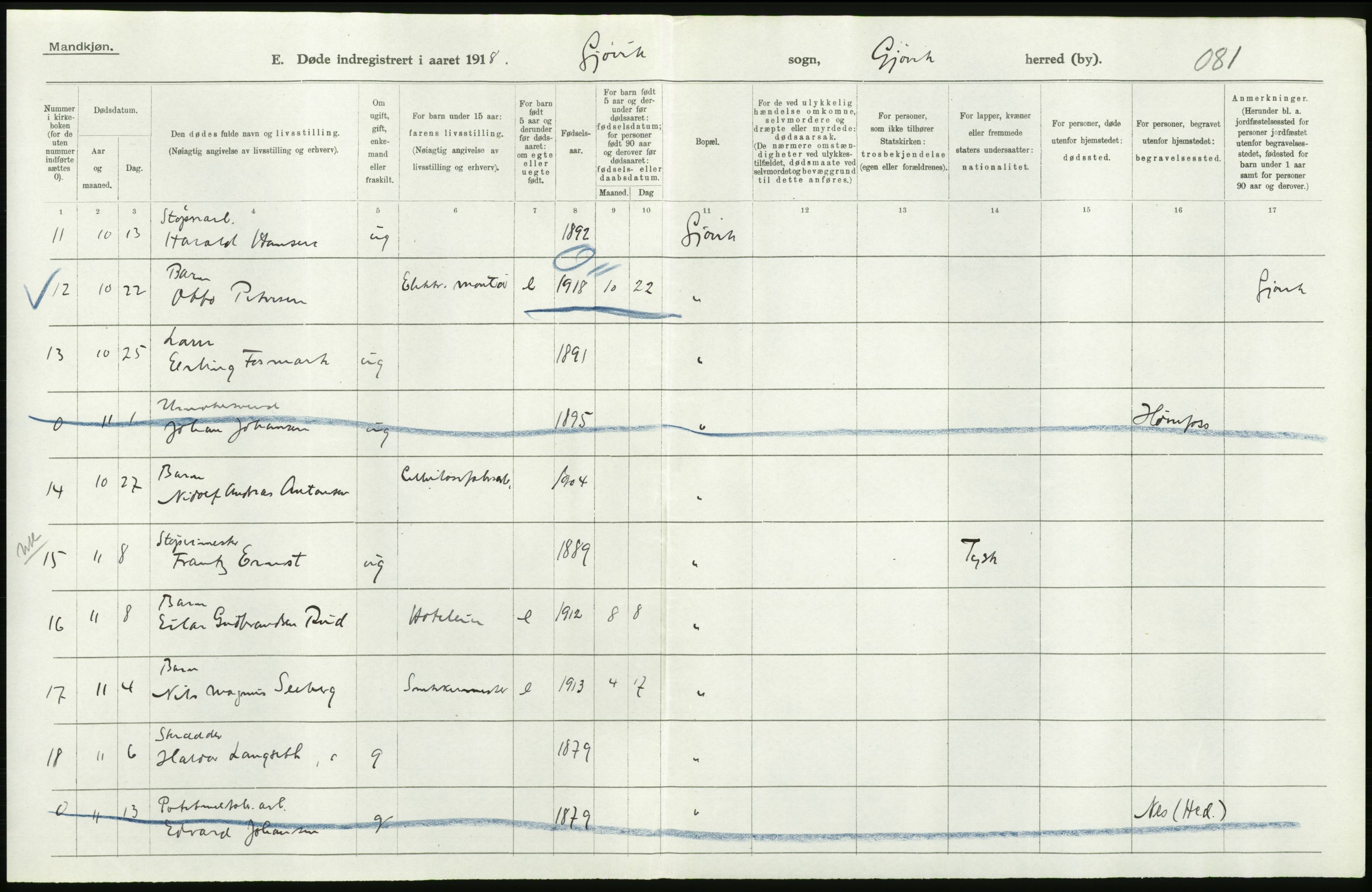 Statistisk sentralbyrå, Sosiodemografiske emner, Befolkning, RA/S-2228/D/Df/Dfb/Dfbh/L0017: Oppland fylke: Døde. Bygder og byer., 1918, p. 504