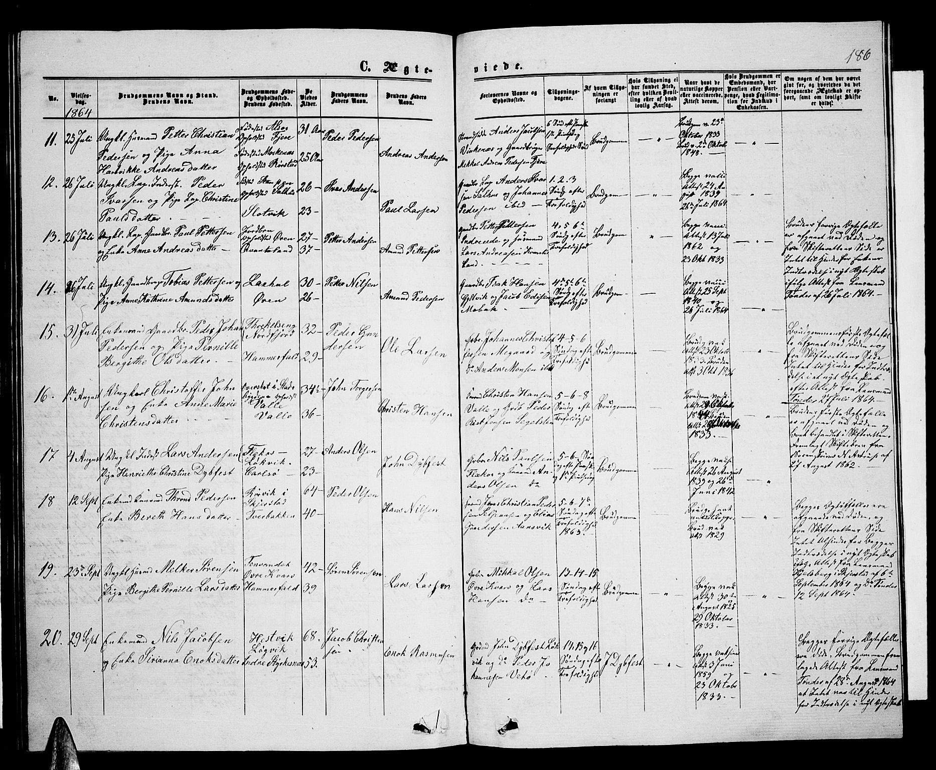 Ministerialprotokoller, klokkerbøker og fødselsregistre - Nordland, AV/SAT-A-1459/853/L0775: Parish register (copy) no. 853C03, 1859-1877, p. 186