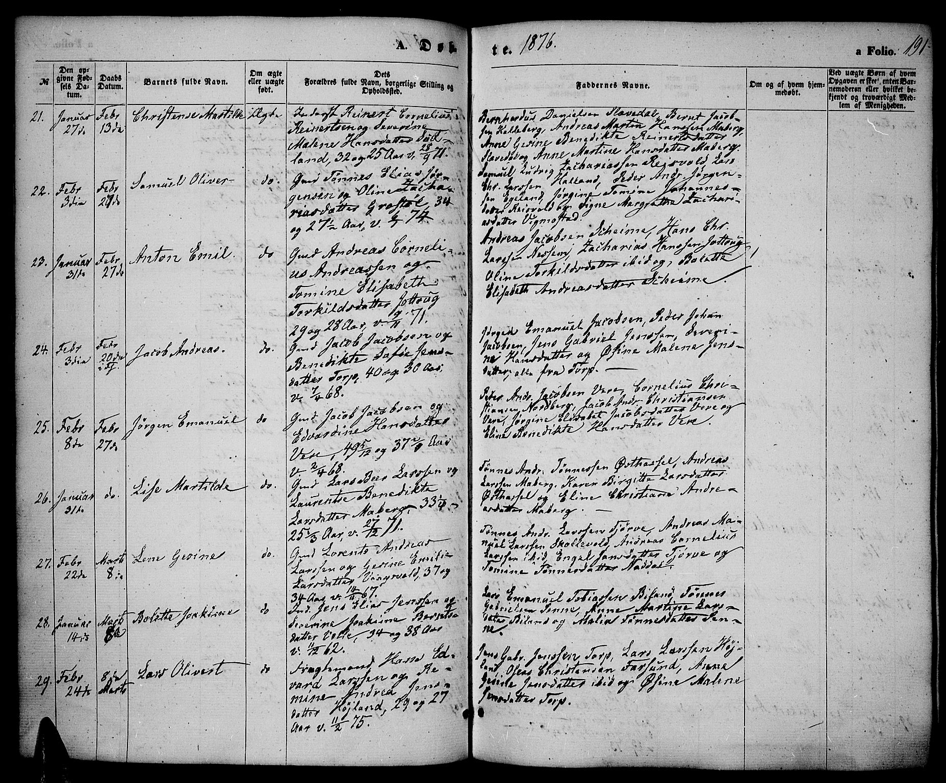 Lista sokneprestkontor, SAK/1111-0027/F/Fb/L0003: Parish register (copy) no. B 3, 1862-1877, p. 191