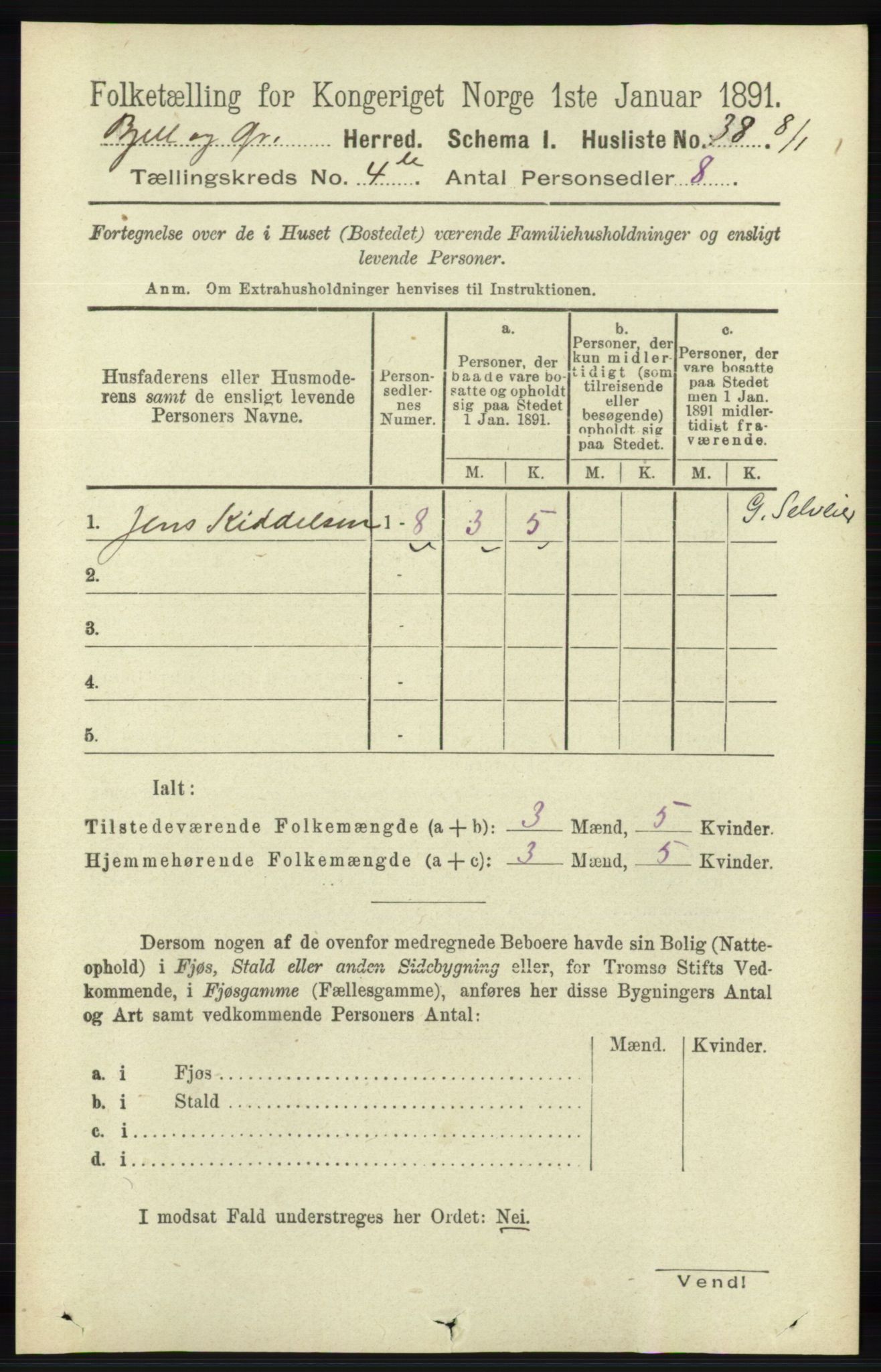 RA, 1891 census for 1024 Bjelland og Grindheim, 1891, p. 2065