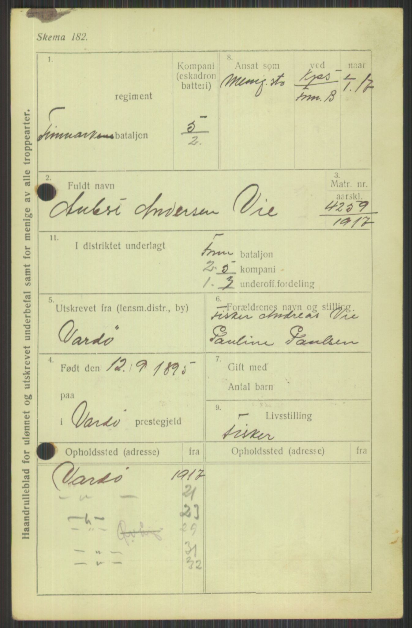 Forsvaret, Varanger bataljon, AV/RA-RAFA-2258/1/D/L0440: Rulleblad for fødte 1892-1912, 1892-1912, p. 63
