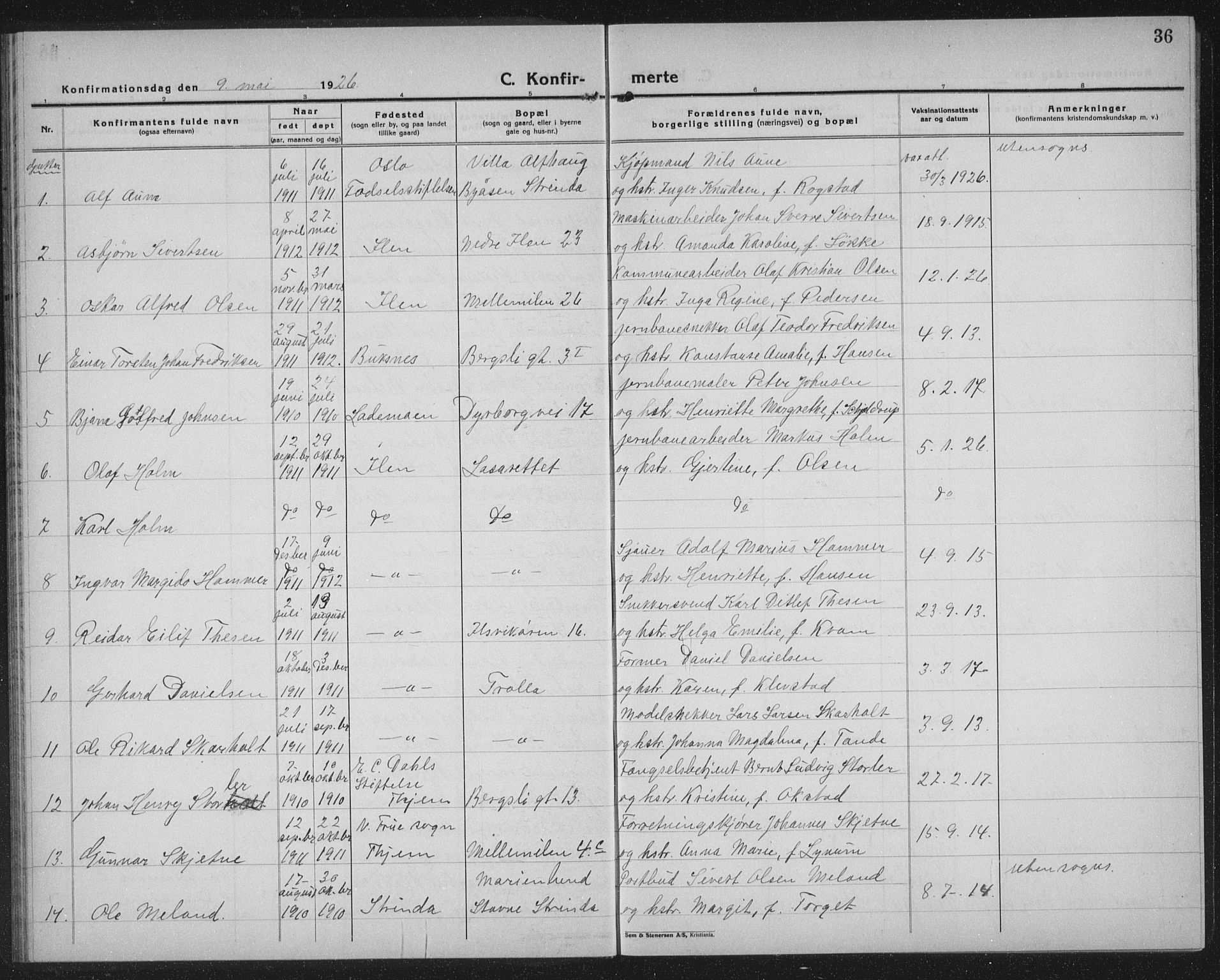 Ministerialprotokoller, klokkerbøker og fødselsregistre - Sør-Trøndelag, SAT/A-1456/603/L0175: Parish register (copy) no. 603C03, 1923-1941, p. 36