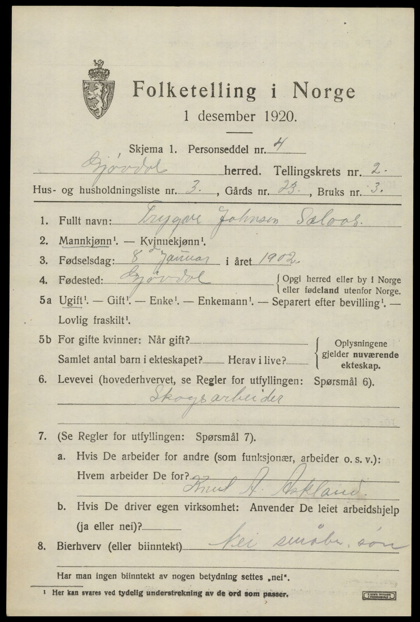SAK, 1920 census for Gjøvdal, 1920, p. 858