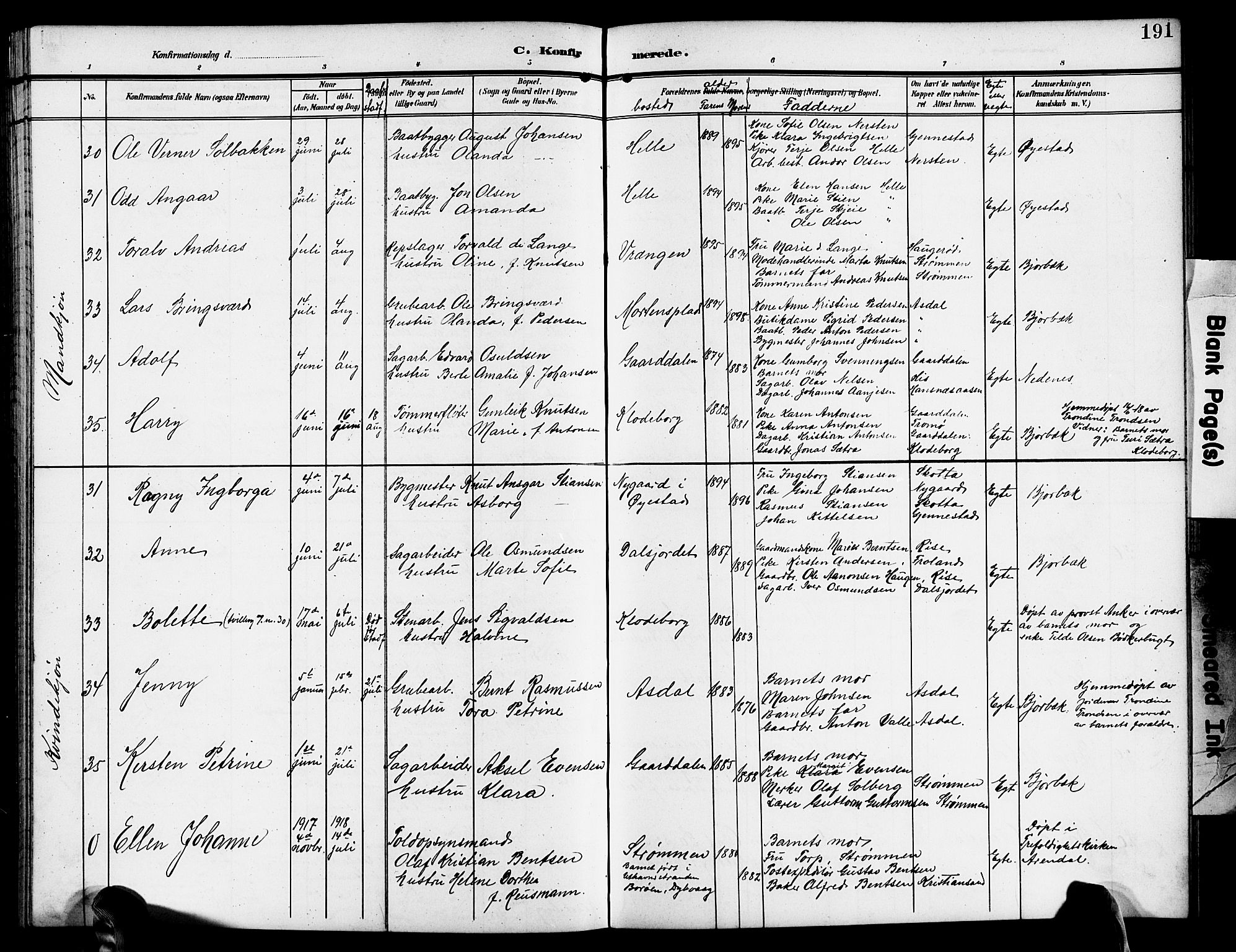 Øyestad sokneprestkontor, SAK/1111-0049/F/Fb/L0011: Parish register (copy) no. B 11, 1906-1918, p. 191