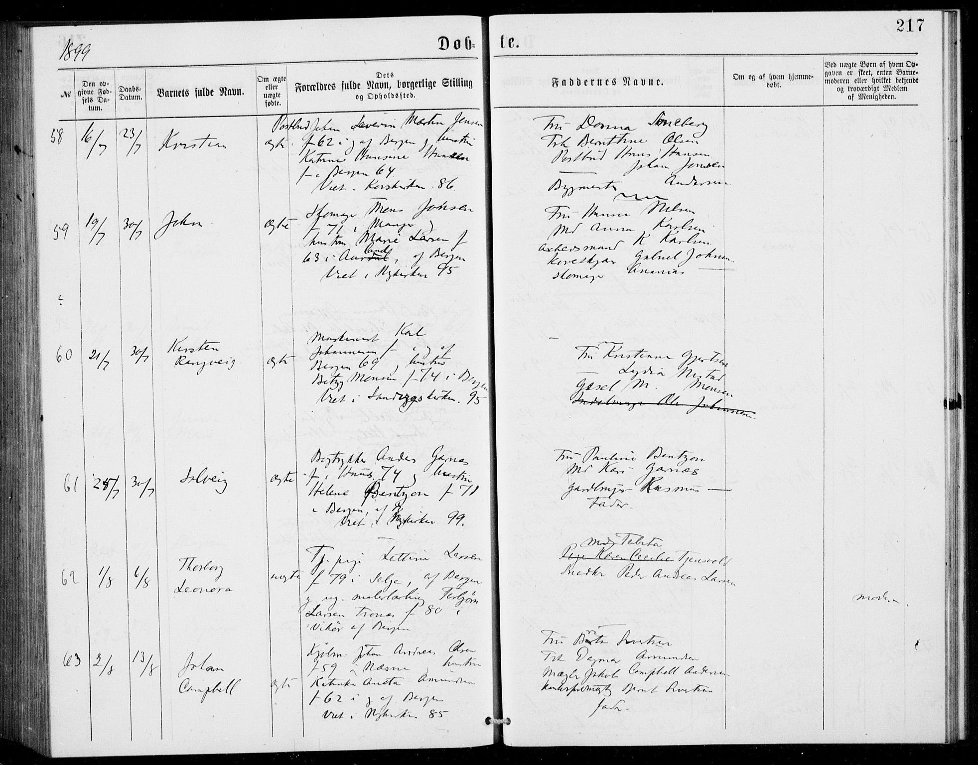 Fødselsstiftelsens sokneprestembete, ført av overlegen*, SAB/-: Parish register (official) no. A 2, 1884-1900, p. 217
