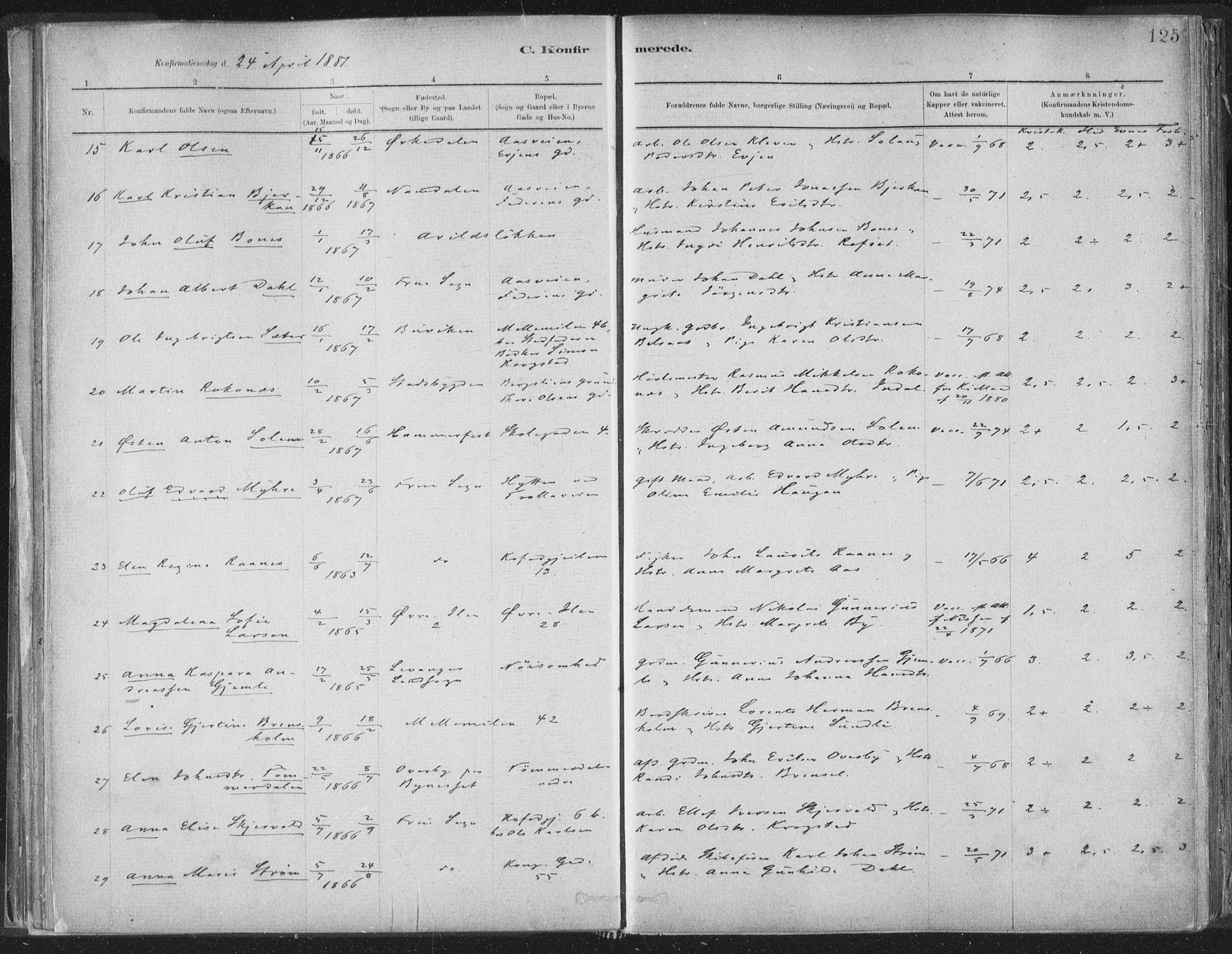 Ministerialprotokoller, klokkerbøker og fødselsregistre - Sør-Trøndelag, SAT/A-1456/603/L0162: Parish register (official) no. 603A01, 1879-1895, p. 125