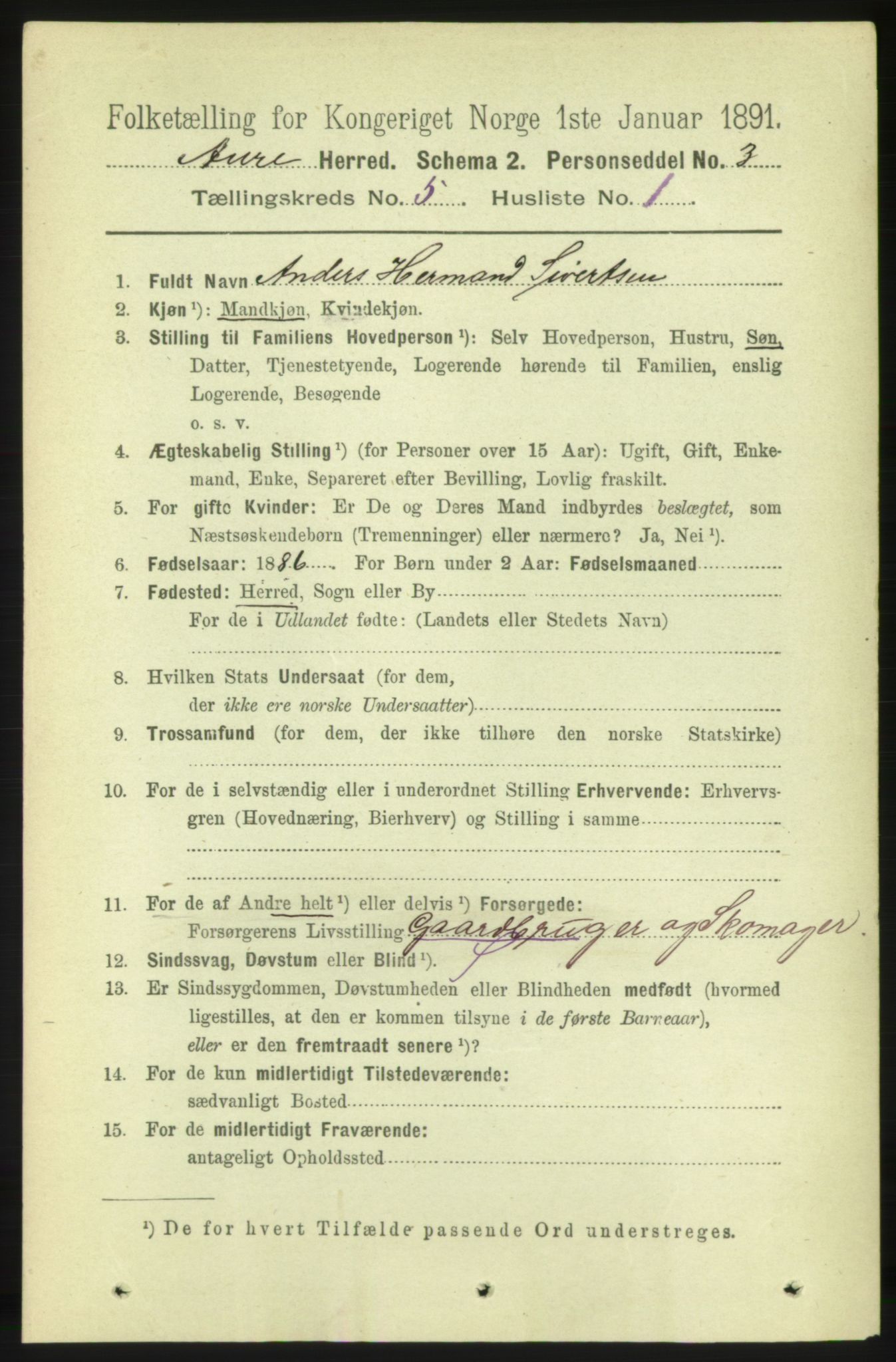 RA, 1891 census for 1569 Aure, 1891, p. 2711