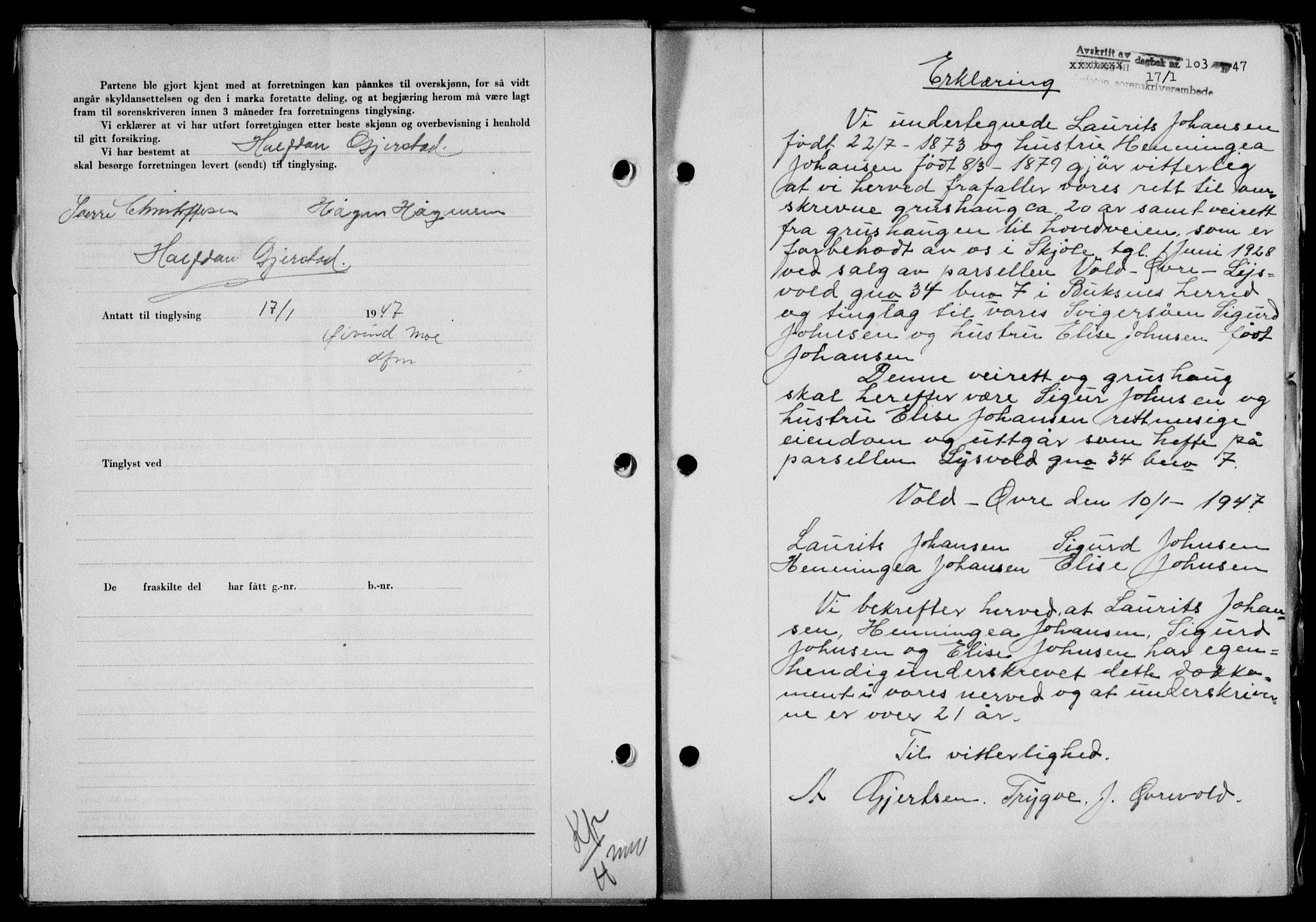 Lofoten sorenskriveri, SAT/A-0017/1/2/2C/L0015a: Mortgage book no. 15a, 1946-1947, Diary no: : 103/1947