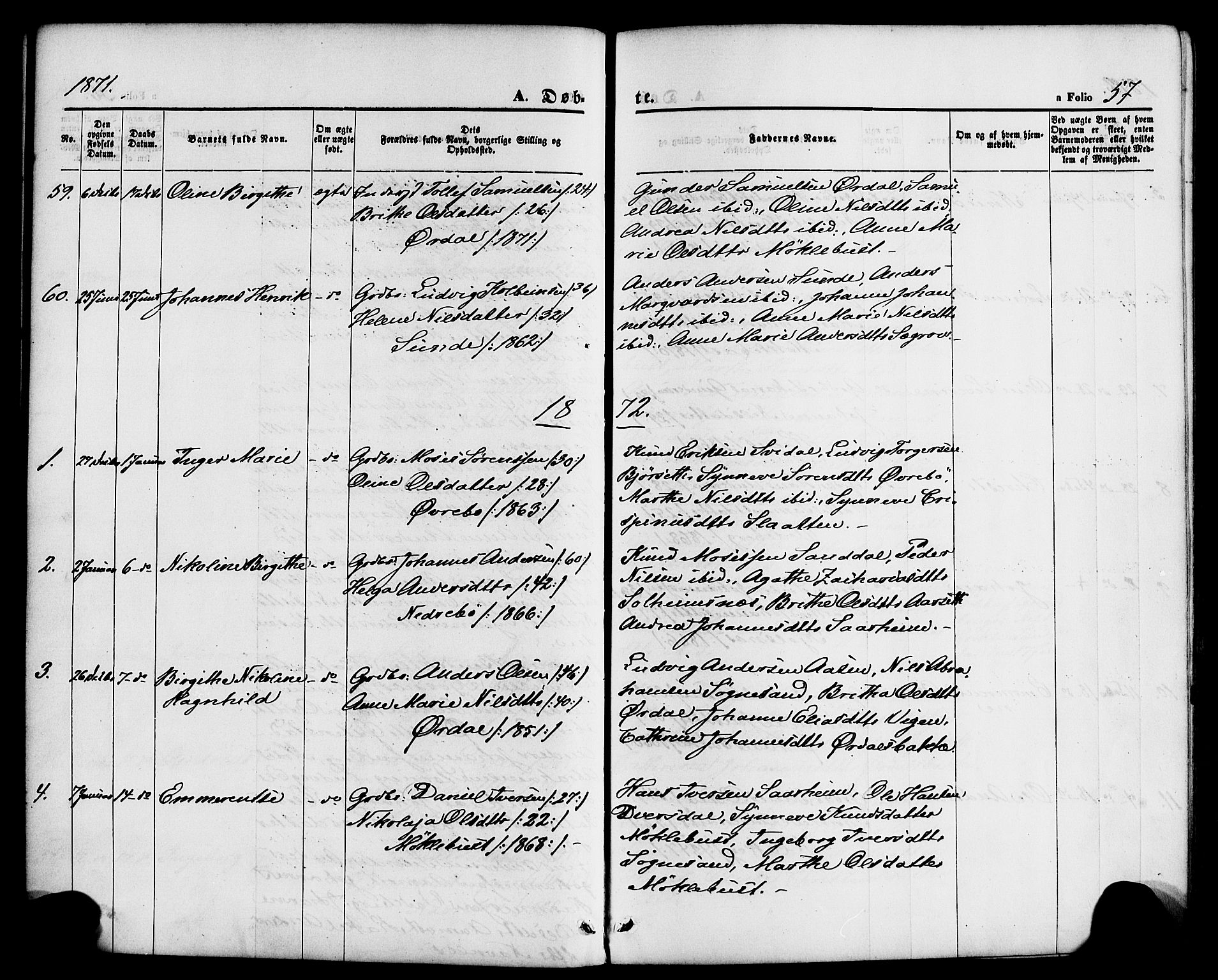 Jølster sokneprestembete, SAB/A-80701/H/Haa/Haaa/L0011: Parish register (official) no. A 11, 1866-1881, p. 57