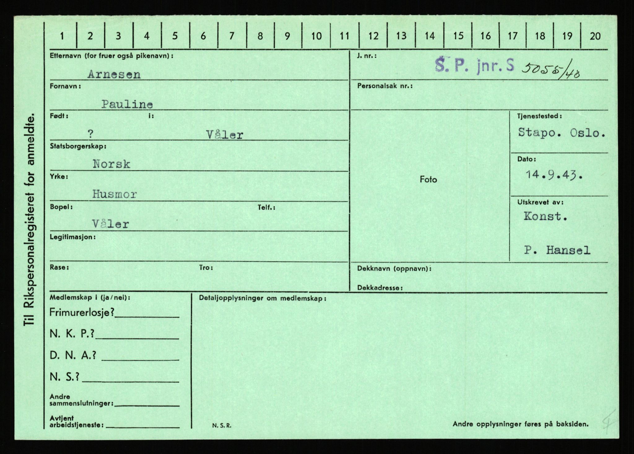 Statspolitiet - Hovedkontoret / Osloavdelingen, AV/RA-S-1329/C/Ca/L0002: Arneberg - Brand, 1943-1945, p. 156