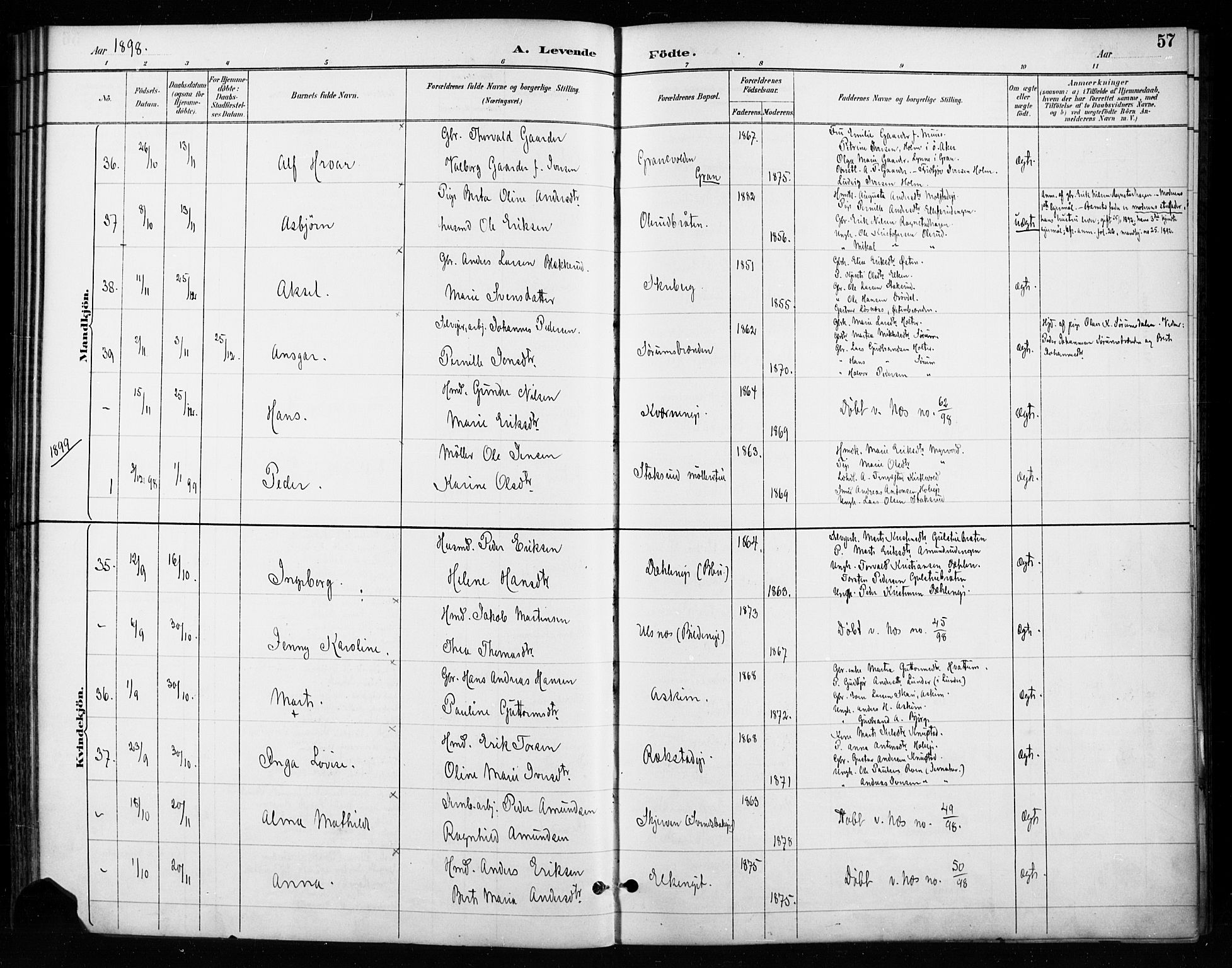 Gran prestekontor, SAH/PREST-112/H/Ha/Haa/L0018: Parish register (official) no. 18, 1889-1899, p. 57