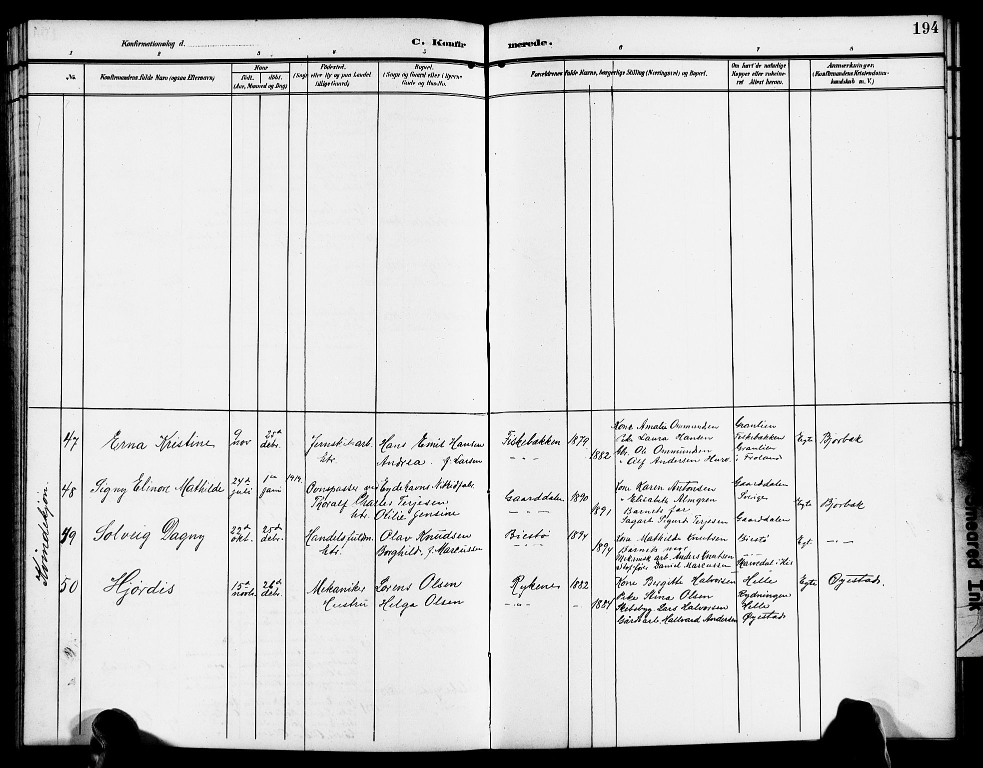 Øyestad sokneprestkontor, SAK/1111-0049/F/Fb/L0011: Parish register (copy) no. B 11, 1906-1918, p. 194